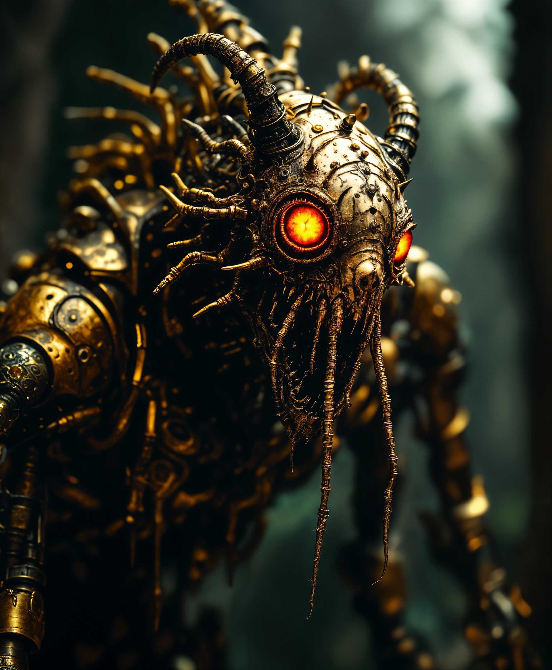 masterpiece, best quality, highres, sharp image, more detail, masterpiece, best quality, highres, sharp image, more detail, **A Detailed, Cinematic Image of a Bugle Monster:**

- **Subject**: A mythical creature known as the "Bugle Monster" with an intricate design inspired by surrealism and fantasy art. The monster's body is a fusion of brass instruments, predominantly bugles, with valves and slides forming its limbs and torso. Its eyes are glowing with an eerie, otherworldly light, reflecting its magical essence.

- **Visual Details**: 
  - **Texture**: The creature's skin has a metallic sheen, with patinas of age and wear, giving it an antique, yet menacing look. The bugle parts are polished in places, creating sharp contrasts between the dull and the reflective surfaces.
  - **Colors**: A palette of burnished gold, aged brass, and dark bronze, with occasional highlights of vibrant, almost phosphorescent colors from magical elements within the creature.
  - **Lighting**: Dramatic chiaroscuro lighting enhances the depth, with harsh shadows and bright highlights to emphasize the monster's textures and shapes. 

- **Style**: 
  - **Artistic Influence**: Inspired by the surreal, dreamlike quality of Salvador Dalí's paintings, combined with the gothic elements of H.R. Giger's biomechanical art. 
  - **Photography Technique**: Employ a wide-angle lens to capture the full extent of the creature's bizarre anatomy, with a shallow depth of field to focus on the monster while blurring the background.

- **Composition**: 
  - **Subject Positioning**: The Bugle Monster is positioned centrally, its body coiled in a semi-menacing posture, as if ready to strike or sound its eerie call. 
  - **Camera Angle**: A low angle shot looking up at the monster, enhancing its imposing presence against the backdrop of an ancient, overgrown forest.

- **Mood and Atmosphere**: 
  - **Time of Day**: Dusk, with the last light of day casting long shadows and giving the scene a mysterious, almost eerie ambiance.
  - **Weather**: A light mist is present, adding to the mystical and slightly foreboding atmosphere.
  - **Emotion**: The scene evokes a sense of awe, wonder, and a touch of fear, capturing the surreal encounter with this fantastical creature.

- **Technical Aspects**: 
  - **Focal Length**: 24mm to capture the wide scene and the creature's full form.
  - **Aperture**: f/2.8 to create a bokeh effect in the background, focusing attention on the Bugle Monster