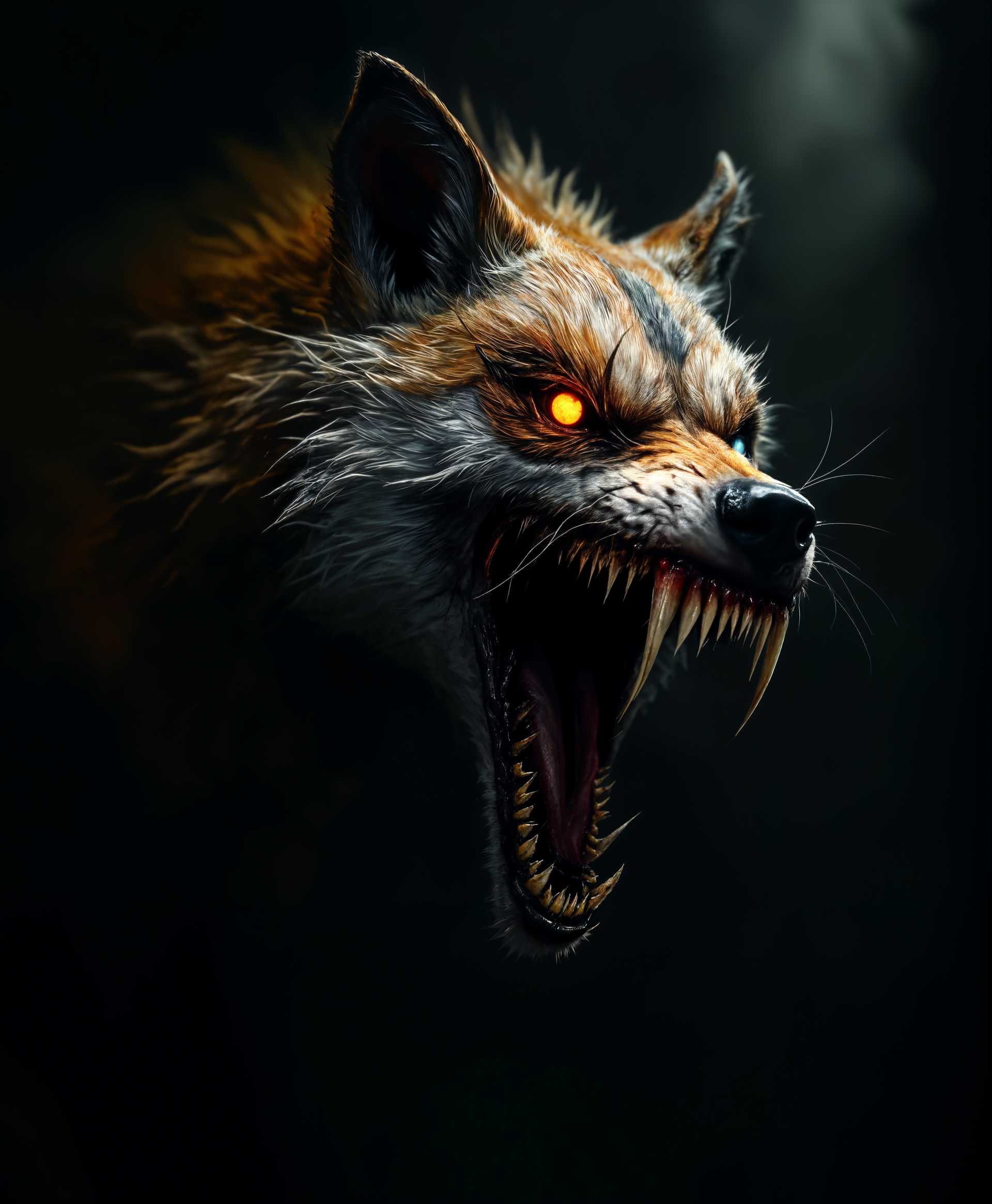 masterpiece, best quality, highres, sharp image, more detail, masterpiece, best quality, highres, sharp image, more detail, ```plaintext
A horror-inspired creature, a terrifying hybrid of a dog and a fox, rendered in a chilling chiaroscuro lighting effect that highlights its menacing features. The beast has:

- **Visual Details**: 
  - A large, gaping mouth filled with razor-sharp, serrated teeth, each tooth glistening with a predatory sheen.
  - Fur that transitions from the soft, earthy tones of a fox to the darker, more menacing shades of a dog, with patches of fur missing to reveal raw, muscular flesh beneath.
  - Eyes that burn with a supernatural glow, one eye reflecting a deep amber like a fox, the other a chilling blue like a wolf.

- **Style**: 
  - Emulate the eerie, unsettling atmosphere of H.R. Giger's biomechanical art, with an additional touch of the grotesque from Hieronymus Bosch's fantastical creatures.

- **Composition**: 
  - The creature is positioned in a dynamic, lunging pose, mouth wide open, as if it's about to leap out of the frame, capturing the viewer's attention immediately.
  - The camera angle is slightly low, enhancing the creature's imposing presence, with the background blurred to focus solely on the beast.

- **Mood and Atmosphere**: 
  - The scene is set in the dead of night, under a blood-red moon, casting long, distorted shadows that merge with the creature's silhouette.
  - The air is thick with mist, creating a sense of dread and the unknown, enhancing the horror theme.

- **Technical Aspects**: 
  - Use extreme close-up to emphasize the creature's grotesque features.
  - Employ deep focus to keep both the creature and the subtle background details in sharp clarity, intensifying the horror.
  - Incorporate selective coloring, with the creature in full color against a desaturated, almost monochromatic background to make it stand out.
```