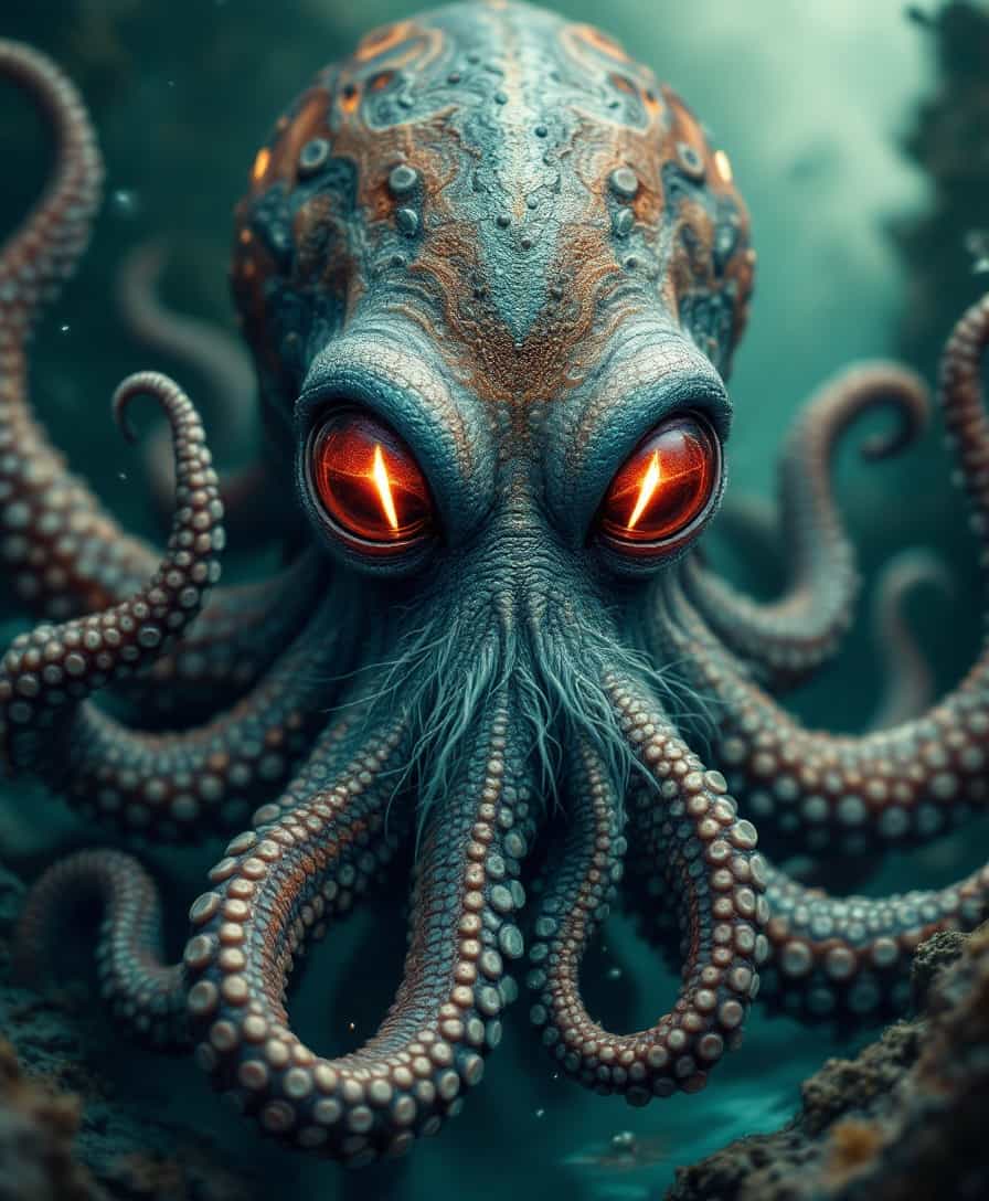 Create an image of an **old male alien octopus** with the following specifications:

- **Visual Details**: 
  - The octopus's skin should exhibit a texture reminiscent of weathered coral, with hues of deep sea green and blue, subtly shifting to reveal bioluminescent patterns when light hits it.
  - **Eyes**: Large, piercing red with a slight glow, conveying wisdom and a hint of melancholy. The pupils should be vertical slits, giving an otherworldly feel.
  - **Beard**: Made from long, flowing tendrils that resemble a mix of seaweed and fine, gray hairs, moving gently as if in water.

- **Style**: 
  - Emulate the surrealistic style of Salvador Dalí, blending elements of the natural with the fantastical, creating an image that feels both real and dreamlike.

- **Composition**: 
  - The octopus should be in the center, with its tentacles spread out, some touching the seabed or a rock, others floating in the water. The camera angle should be slightly from below, looking up to emphasize the creature's size and majesty.

- **Mood and Atmosphere**: 
  - Set the scene at twilight, with the water above reflecting the last rays of a setting sun, casting a warm glow that contrasts with the cool tones of the underwater world. The atmosphere should evoke a sense of solitude, mystery, and the passage of time.

- **Technical Aspects**: 
  - Use a wide-angle lens to capture the expanse of the underwater environment. 
  - Employ a shallow depth of field to keep the octopus in sharp focus while the background gently blurs, suggesting the vastness of its habitat.
  - Utilize chiaroscuro lighting to enhance the dramatic effect, with highlights on the octopus's eyes and beard.

- **Cohesion**: 
  - All elements should contribute to creating a harmonious, believable scene where an ancient alien octopus lives in a surreal underwater world, blending the familiar with the extraordinary.