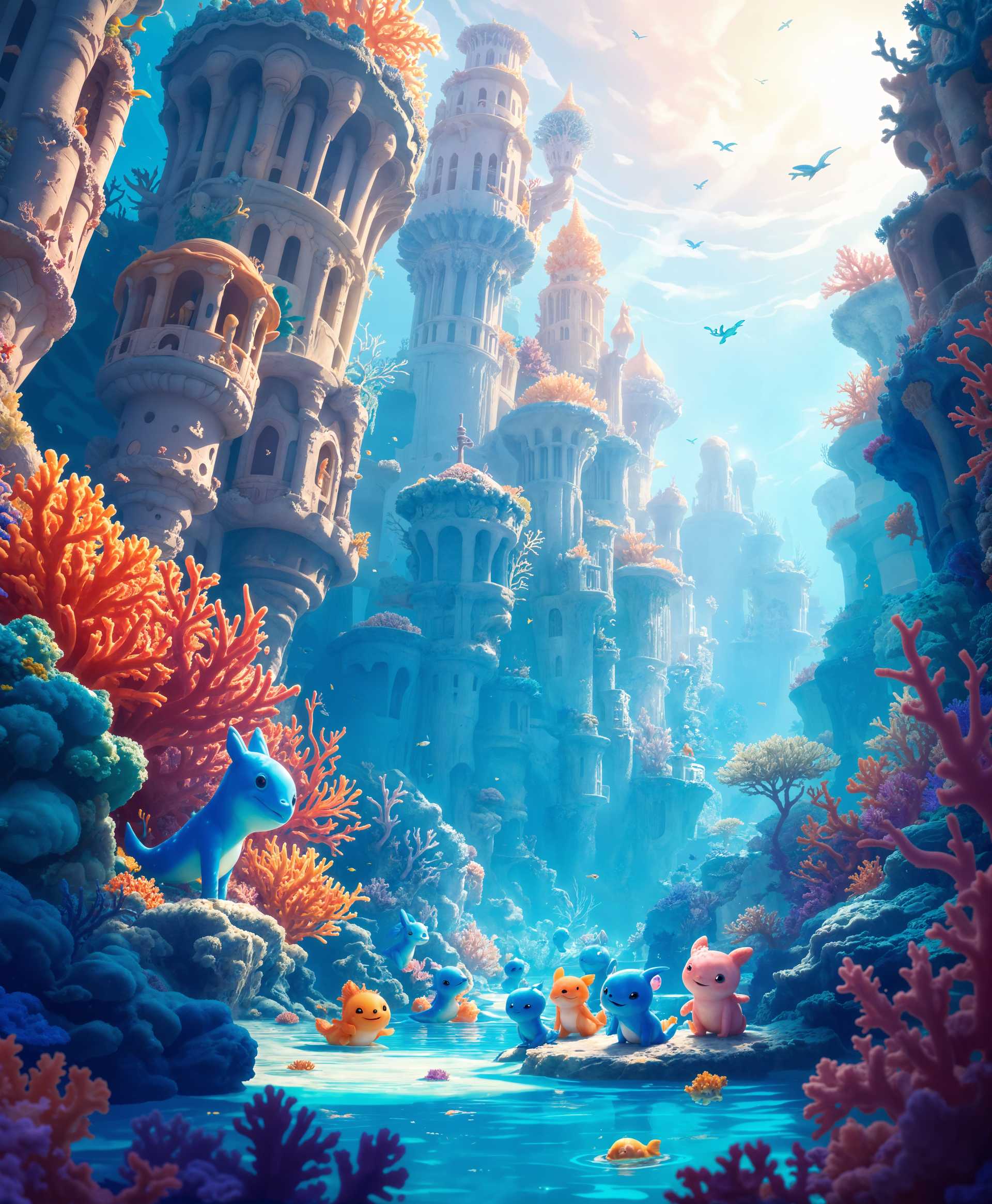 masterpiece, best quality, highres, sharp image, more detail, masterpiece, best quality, highres, sharp image, more detail, Create a vibrant underwater scene featuring the Coralites, a race of friendly, **anthropomorphic creatures** with **vivid blue and orange hues**. Their **skin texture mimics coral**, giving them a unique, **bioluminescent glow** in the **turquoise waters**. 

**Artistic Style**: Employ a **fantasy art style** reminiscent of **Hayao Miyazaki**, with a touch of **Art Nouveau** for the coral city architecture. 

**Composition**: Capture the Coralites in their **coral city**, where buildings rise like **stylized coral structures** with **intricate patterns** and **soft curves**. Position the creatures in a **dynamic group**, interacting with each other in a **playful, community-oriented scene**. Use a **low-angle shot** to emphasize the towering coral architecture and the **open sky** above the water's surface.

**Mood and Atmosphere**: The image should convey a **sense of wonder, tranquility, and community** with **sunlight filtering through the water**, casting **soft, ethereal beams** onto the scene. 

**Technical Aspects**: Use **soft focus** for areas outside the main group to **highlight the Coralites**, **backlighting** to enhance their glow, and **wide aperture** for a **shallow depth of field** focusing on the Coralites. 

**Cohesion**: Ensure the **vibrant colors of the Coralites** harmonize with the **coral city**, creating a **unified, magical underwater world**.