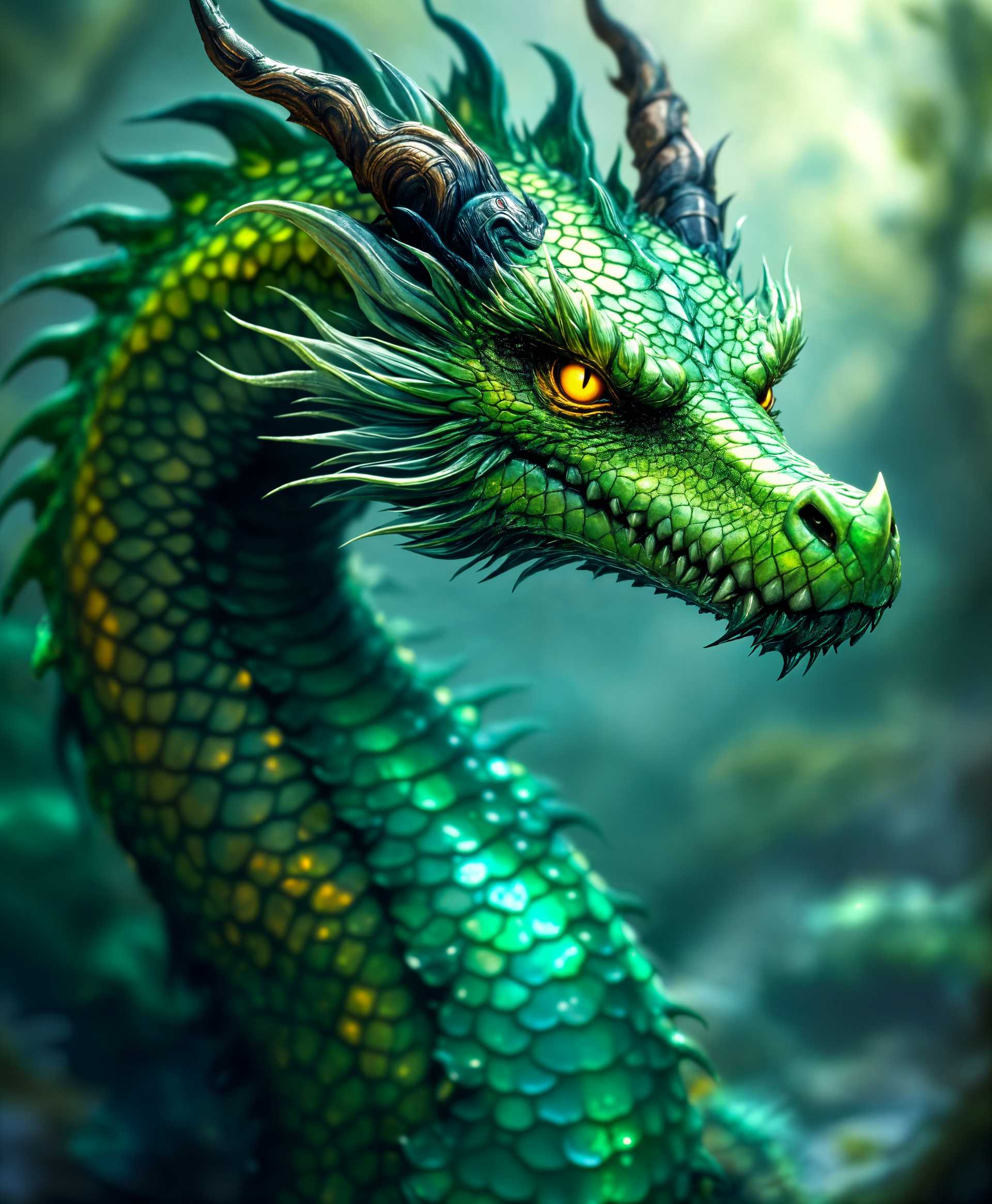 masterpiece, best quality, highres, sharp image, more detail, masterpiece, best quality, highres, sharp image, more detail, A majestic green dragon, embodying the essence of water, with iridescent emerald scales that reflect the light in a shimmering dance. The dragon's neck is adorned with darker green rings, adding depth to its form. Its yellow eyes, sharp and intelligent, gleam with a crocodilian intensity, set within a snout reminiscent of ancient water dwellers. Dorsal fins slice through the air, suggesting its aquatic nature, while webbed feet imply its ability to glide through water with ease.

- **Visual Details**: The dragon's scales have a slight translucency, allowing a glimpse of the muscle beneath, enhancing its aquatic allure. The darker rings on its neck are slightly raised, adding texture and hinting at its age and wisdom.

- **Style**: Capture this dragon in a style reminiscent of fantasy art, blending elements of realism with the exaggerated, mythical proportions typical of creatures from folklore. The image should have a painterly quality, with soft edges blending into the background.

- **Composition**: The dragon is positioned in a dynamic pose, with its head turned slightly to the side, looking directly at the viewer, asserting its presence. The camera angle is low, emphasizing the dragon's dominance over its watery domain. The composition frames the dragon against a backdrop of misty, water-logged foliage, creating a sense of depth.

- **Mood and Atmosphere**: The scene is set at dusk, with the last rays of sunlight casting long shadows and reflecting off the water's surface. The air is filled with a sense of mystery and the magic of an unseen world beneath the surface. The atmosphere is one of quiet power and ancient lineage.

- **Technical Aspects**: Use techniques like depth of field to focus on the dragon, with the background slightly out of focus to emphasize its presence. Employ atmospheric perspective to create a sense of distance and scale. Lighting should be soft and directional, coming from the side to highlight the contours of the dragon's body.

- **Cohesion**: All elements work together to depict a creature at home in both air and water, exuding a quiet majesty that commands respect and awe. The scene suggests a story, a moment in time where the dragon's true nature is revealed, enhancing the narrative depth of the image.