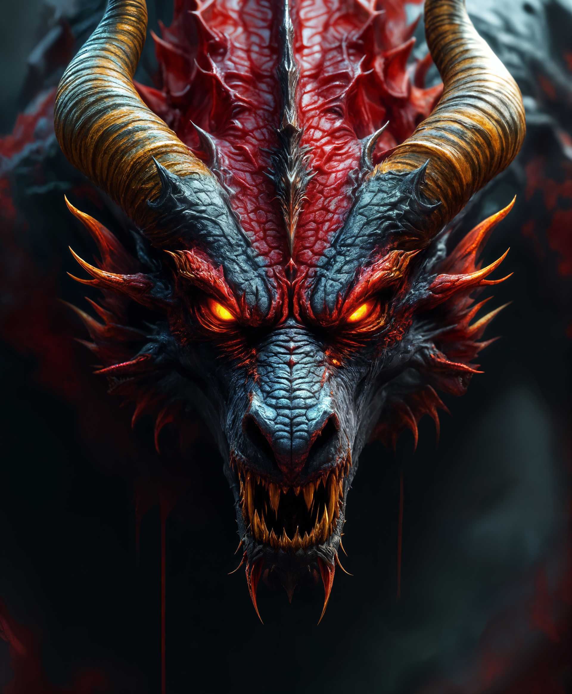 masterpiece, best quality, highres, sharp image, more detail, masterpiece, best quality, highres, sharp image, more detail, Create a hyper-realistic digital painting of an imposing dragon, predominantly in shades of **red** and **grey**. The dragon's eyes should glow **orange**, piercing through the darkness with a malevolent intensity. Its claws, sharp and menacing, are painted in **vibrant yellow**, contrasting against the darker tones of its body. The creature is adorned with **demon-like horns** that curl menacingly, adding to its sinister appearance. 

**Artistic Style:** 
- **Hyperrealism**: Capture the scales, muscles, and texture of the dragon with meticulous detail to create a lifelike appearance.
- **Dark Fantasy**: Integrate elements of gothic art, enhancing the dragon's fearsome and otherworldly presence.

**Composition:**
- **Close-Up Shot**: Focus on the dragon's face, showcasing the intricate details of its scales, eyes, and horns.
- **Low Angle Shot**: Position the camera from below to emphasize the dragon's towering and intimidating stature.
- **Dynamic Lighting**: Use chiaroscuro lighting to highlight the dragon's features, casting deep shadows that accentuate its menacing form.

**Mood and Atmosphere:**
- **Eerie Twilight**: The scene should be set at twilight, with the last rays of sunlight casting a foreboding glow over the landscape.
- **Stormy Weather**: Subtle hints of an approaching storm with dark clouds and distant thunder, adding to the ominous atmosphere.

**Technical Aspects:**
- **High Contrast**: Utilize high contrast to make the dragon's features stand out dramatically against a darker background.
- **Focus**: Ensure the dragon's eyes are the sharpest point in the image, drawing the viewer's attention immediately.

This scene should evoke a sense of dread and awe, capturing the essence of an evil, otherworldly creature in a cohesive, visually compelling manner.