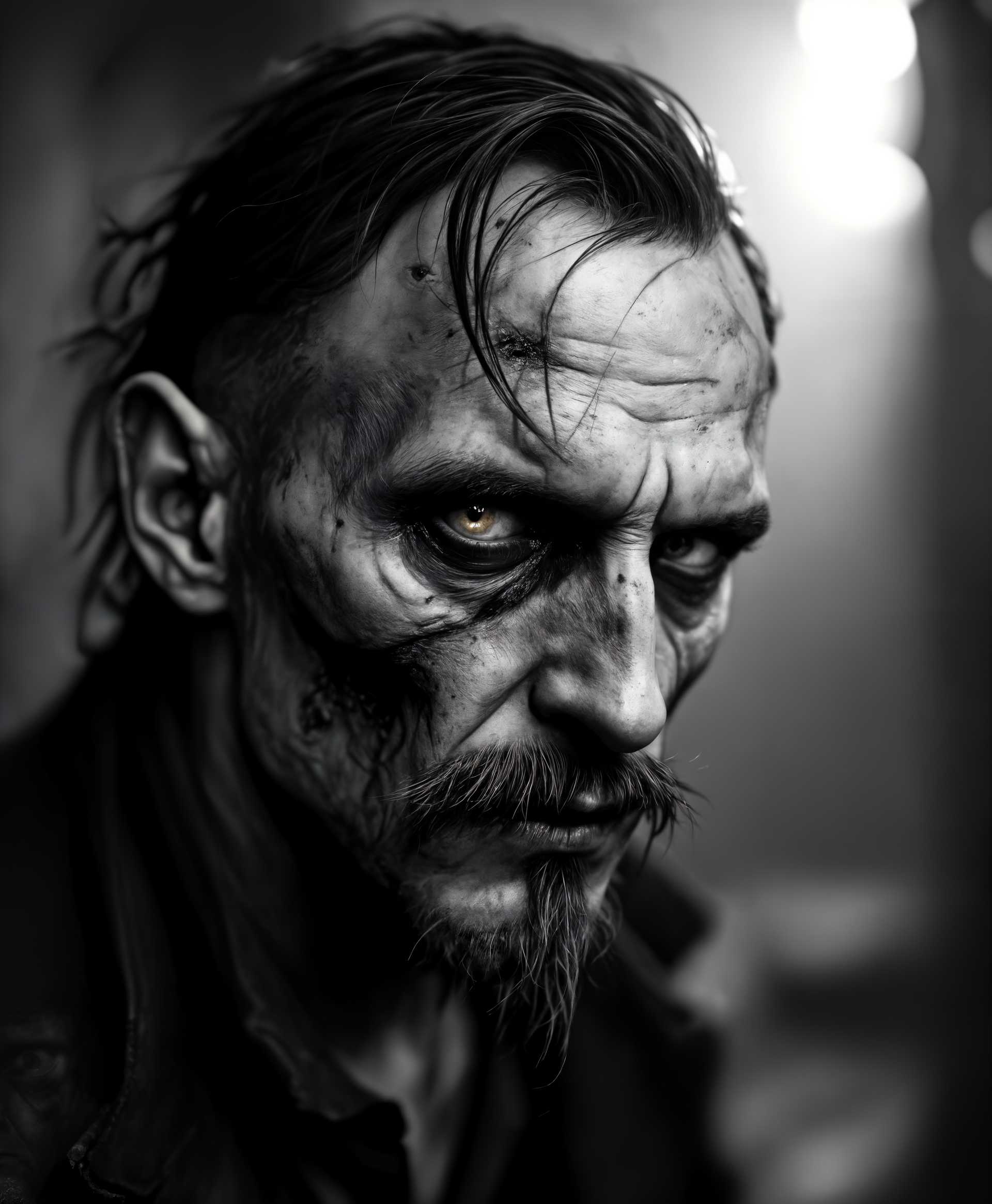 masterpiece, best quality, highres, sharp image, more detail, masterpiece, best quality, highres, sharp image, more detail, A detailed portrait of **Errol Van Volkheim**, now a **zombie**, showcasing his **gruesome transformation**. His skin is **pale and decaying**, with visible **rot and necrosis** on his face. He retains a **single, long goatee hair** that stands out against his **ragged complexion**. 

- **Style**: The image should evoke a **noir film** aesthetic, reminiscent of **1940s black-and-white photography**, with **high contrast** lighting and **deep shadows** that enhance his menacing presence. 

- **Composition**: Errol is **framed in a medium close-up**, his **face slightly tilted**, looking directly at the camera with **haunted, lifeless eyes**. The background is **blurred**, suggesting an **abandoned film studio**, with **flickering lights** casting eerie shadows.

- **Mood and Atmosphere**: The atmosphere is **ominous**, with a **subtle fog** and the **distant sound of film reels spinning**, creating an **eerie, abandoned** feeling. The **lighting is dim**, with **harsh, directional light** highlighting his **ghastly features**.

- **Technical Aspects**: Utilize **chiaroscuro** to create a **dramatic interplay of light and dark**, capturing the **texture** of his **rotting skin** with **soft focus** on the edges to give an **ethereal, ghostly** quality. The **lens should mimic a vintage film camera**, with **grain** and **vignetting** to enhance the **historical** and **cinematic** feel. 

This prompt crafts a **cohesive, immersive scene** that tells the story of Errol Van Volkheim's transformation from a **sinister filmmaker to a zombie**, using **cinematic techniques** to convey his **dreadful existence** in a visually compelling way.