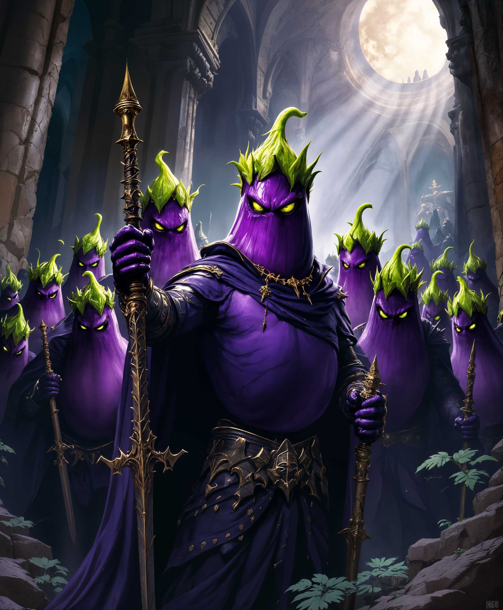 masterpiece, best quality, highres, sharp image, more detail, masterpiece, best quality, highres, sharp image, more detail, In a realm where vegetables reign supreme, envision **a legion of anthropomorphic eggplants**, each bearing an **evil, cunning expression** and **armed with medieval weaponry**. Their **deep purple skin** is textured to appear as if it were **armor**, with **vibrant green leaves sprouting from their heads like a crown or headdress**, emphasizing their **nobility** in service to their king. 

**The scene unfolds in a grand, cavernous hall** with **moody, dim lighting** casting eerie shadows on the walls, enhancing the **sinister atmosphere**. The **camera is positioned at a low angle**, looking up at these imposing figures, giving them an **awe-inspiring, larger-than-life presence**. 

**The style is reminiscent of fantasy illustrations from the 1980s**, with **hyper-detailed, almost photorealistic textures** but with a **touch of surrealism**, capturing the absurdity of sentient eggplants in a power struggle. **The composition is dynamic**, with the eggplants arranged in a semi-circle around their **imposing king**, who sits upon a **throne of golden vines**, his **crown adorned with jewels that mimic the shape of eggplants**. 

**Atmospheric lighting** uses **cool tones** to suggest an **otherworldly, underground setting**, with **flickering torches** casting **dramatic shadows** across the scene, contributing to the **moody and tense atmosphere**. The **depth of field** focuses on the king and his closest advisors, with others slightly blurred in the background, emphasizing the **hierarchy and power dynamics** within this unusual court.