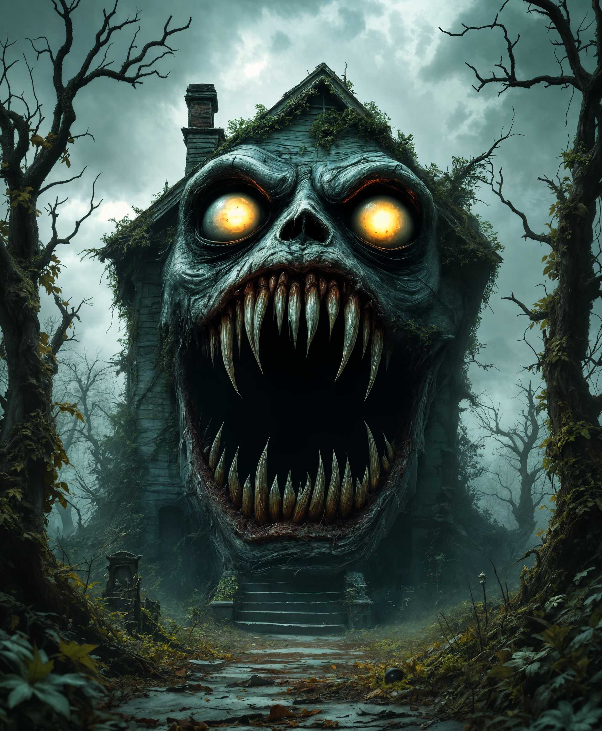 masterpiece, best quality, highres, sharp image, more detail, masterpiece, best quality, highres, sharp image, more detail, A hauntingly surreal scene of a **haunted house** with a grotesque, anthropomorphic twist: the house itself has a **massive, gaping mouth** with jagged, wooden teeth, and **large, glowing eyes** that seem to watch passersby with malevolent intent. The **exterior** is dilapidated, covered in **vines and moss**, with **peeling paint** in shades of dark, menacing greys and greens, evoking a sense of decay and abandonment. 

**Style**: This image should be rendered in a **dark, gothic style**, reminiscent of Tim Burton's aesthetic, with exaggerated, almost caricatured features that amplify the house's sinister personality. 

**Composition**: The house is centered in the frame, looming large, with the mouth slightly ajar, as if in mid-motion of consuming its next victim. The camera angle is slightly low, enhancing the house's dominance over the viewer, creating a sense of dread. 

**Mood and Atmosphere**: The scene is set at twilight, with the last rays of sunlight casting long shadows and a **foggy mist** creeping around the house, adding to the eerie atmosphere. The air is thick with a sense of **impending doom** and **supernatural presence**. 

**Technical Aspects**: Utilize **low key lighting** to highlight the house's facial features, creating stark contrasts that emphasize its monstrous form. Employ **wide-angle lens distortion** to exaggerate the house's scale and presence, making it appear even more imposing. 

**Cohesion**: All elements, from the house's expression to the ambient lighting, work together to create a believable, terrifying scene where the house is not just a building but a living, breathing entity, poised to strike at the unsuspecting.