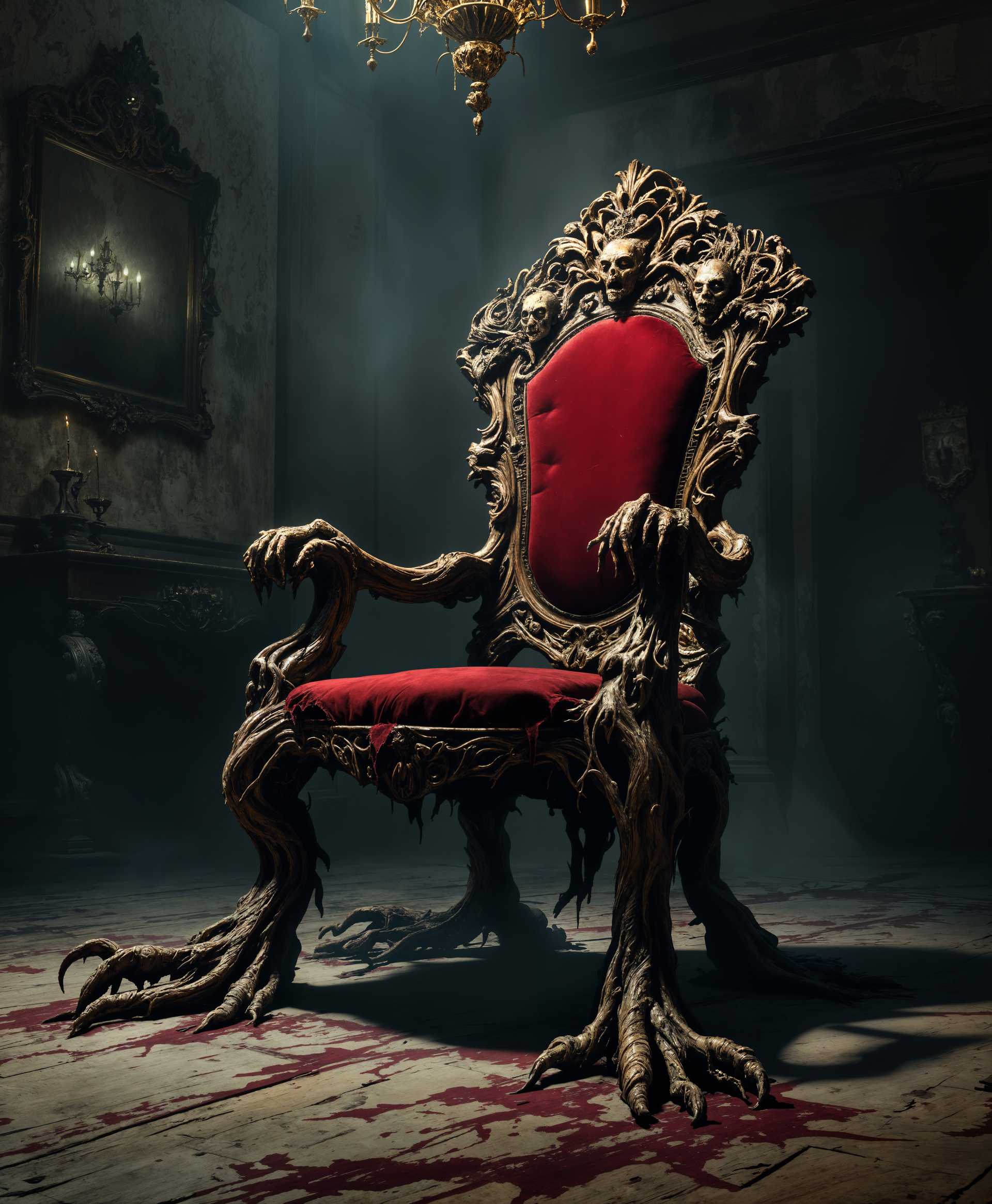 masterpiece, best quality, highres, sharp image, more detail, masterpiece, best quality, highres, sharp image, more detail, **Prompt:**

A surreal, highly detailed scene where a wooden dining chair, styled in the ornate Baroque fashion, comes to life in a dimly lit, eerie room. The chair has grotesque, anthropomorphic features: its legs morph into twisted, gnarled roots that seem to crawl across the floor, its backrest adorned with carved, menacing faces that appear to watch the viewer. The upholstery is a deep, blood-red velvet, slightly tattered, suggesting it has fed before. 

**Visual Details:**
- The chair's wood texture is rich with knots, giving it an ancient, sinister look.
- The lighting casts long shadows, emphasizing the chair's predatory nature; light sources are strategically placed to highlight the faces on the backrest.
- The room has a Victorian aesthetic, with peeling wallpaper and an old, dusty chandelier overhead, contributing to an atmosphere of decay and abandonment.

**Style:**
- The scene should evoke a mix of horror and surrealism, reminiscent of the works by H.R. Giger or Salvador Dali, blending organic forms with inanimate objects to create a disturbing, dreamlike quality.

**Composition:**
- The chair is positioned in the center, slightly off-kilter, as if caught in the act of moving or consuming.
- The camera angle is low, from the perspective of someone approaching the chair, enhancing its dominance and threat in the frame.
- The framing is tight, focusing on the chair, with just enough of the room visible to set the eerie mood.

**Mood and Atmosphere:**
- The atmosphere is tense, with a palpable sense of dread. The time of day is twilight, with the last rays of sunlight struggling through a grimy window, casting an unsettling glow.
- The air feels thick with anticipation, as if the chair might lunge at any moment.

**Technical Aspects:**
- Use a shallow depth of field to blur the background, keeping the focus on the chair's menacing details.
- Employ chiaroscuro lighting to enhance the dramatic contrast between light and shadow, emphasizing the chair's monstrous transformation.

**Cohesion:**
- The room, chair, and lighting all contribute to a unified narrative of a once-elegant chair turned into a predatory entity, lurking in the shadows of an old, forgotten mansion.
