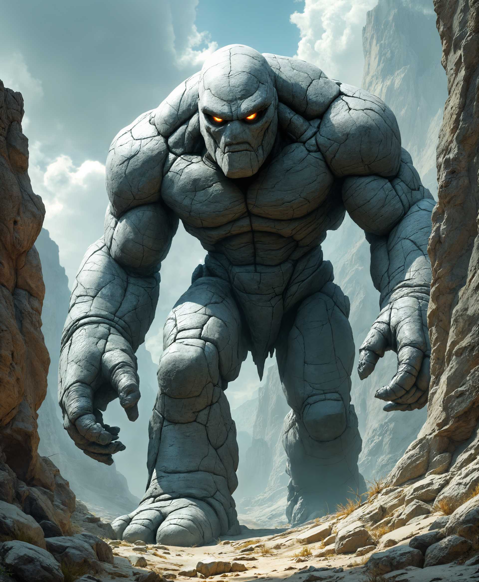 masterpiece, best quality, highres, sharp image, more detail, masterpiece, best quality, highres, sharp image, more detail, Create an image of a **Golem**, a colossal rock creature with distinct human features:

- **Visual Details:** The Golem is entirely composed of grey, rough-hewn stone with visible cracks and crevices, showcasing the weight and texture of ancient rock. Its eyes are deep-set, glowing faintly with an inner light, while its hands and feet are blocky yet articulated, suggesting a ponderous, deliberate movement. Eyebrows are carved from the same stone, giving the Golem a stern, almost sentient expression.

- **Style:** Render the Golem in a style reminiscent of classic fantasy art, where mythological creatures are depicted with a mix of realism and surrealism. The image should evoke a sense of awe and wonder, capturing the Golem's immense size and the mystical nature of its existence.

- **Composition:** Position the Golem in a dynamic pose, perhaps mid-stride or with one arm raised, against a landscape that contrasts its size, like a forest or small village. Use a wide-angle lens effect to emphasize the Golem's scale, making the viewer feel small in its presence.

- **Mood and Atmosphere:** The scene should be set at dusk, with the setting sun casting long shadows and highlighting the Golem's form, creating a dramatic, almost heroic atmosphere. The air is filled with a sense of ancient power and the quiet, almost reverent, silence that surrounds such a majestic being.

- **Technical Aspects:** Employ a technique similar to **chiaroscuro** to enhance the depth and texture of the Golem's stony skin. Utilize **forced perspective** to further amplify its size relative to the environment. Use **soft focus** in the background to make the Golem the focal point of the image.

- **Cohesion:** The overall image should convey a sense of timelessness, blending elements of fantasy with the natural world, where the Golem's existence seems both out of place and perfectly at home in this ancient, mystical setting.