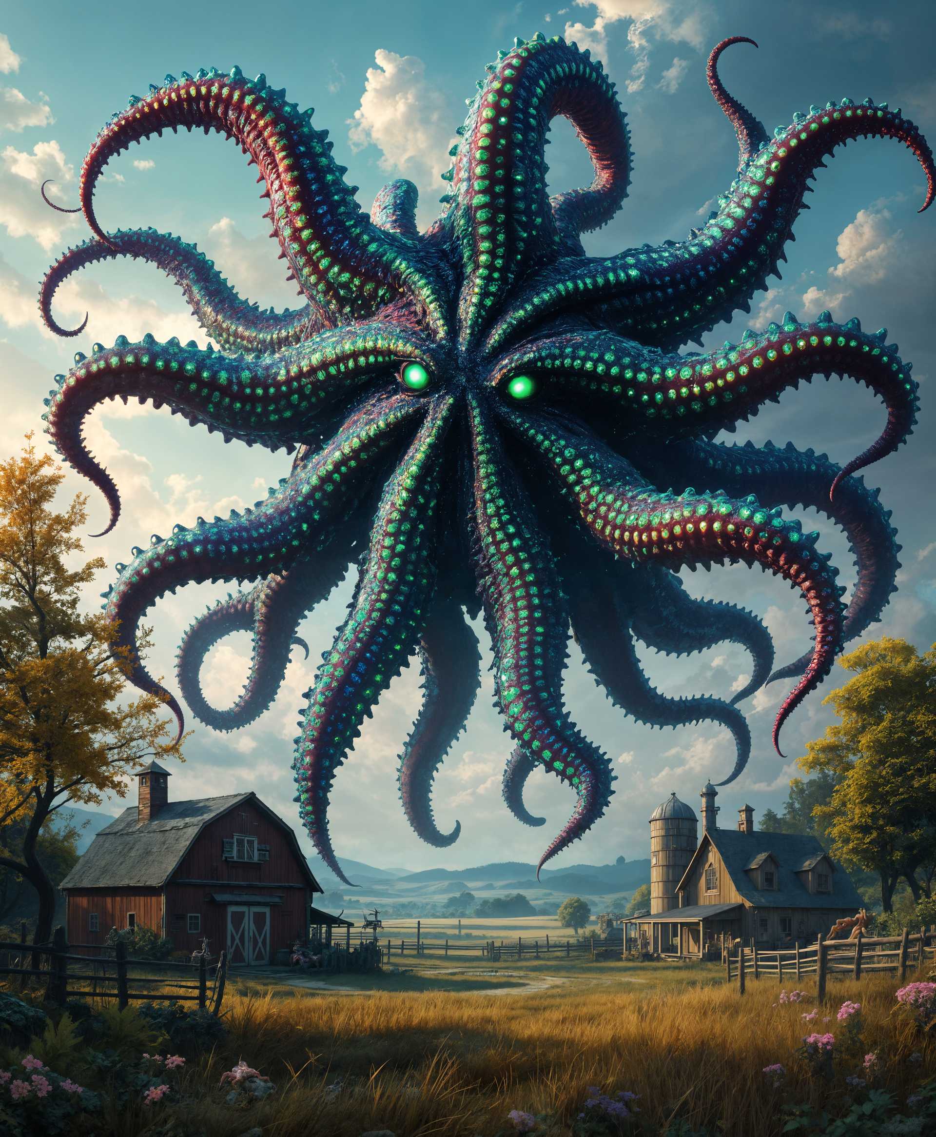 masterpiece, best quality, highres, sharp image, more detail, masterpiece, best quality, highres, sharp image, more detail, A colossal, otherworldly **Starfish Monster** with sprawling tentacles, adorned in a **vibrant green and deep purple** pattern, **menacingly advances towards a quaint, rustic farm**. 

- **Visual Details:** The monster's skin has a **glistening, wet texture** that reflects the **sunset light**, casting eerie shadows. Its tentacles are **thick and sinewy**, with **iridescent suckers** that pulse with a life of their own.

- **Style:** The scene is rendered in **hyper-realistic detail** with elements of **fantasy art**, evoking the grandeur of **H.R. Giger's biomechanical designs** mixed with the **vivid colors of surrealism**.

- **Composition:** The **starfish monster** is positioned **center frame**, looming over the farm with its tentacles reaching towards the **barn, silos, and farmhouse**. The camera angle is **low**, emphasizing the monster's overwhelming size and power.

- **Mood and Atmosphere:** The **sunset casts long, ominous shadows**, painting the sky in **orange and pink hues** that contrast with the creature's alien colors. The atmosphere is **tense and foreboding**, with the **wind blowing dust and debris** around the farm, adding to the sense of **impending doom**.

- **Technical Aspects:** **Depth of field** is used to keep the monster in sharp focus while the background farm elements blur slightly, creating a **sense of depth and scale**. **Dynamic lighting** enhances the drama, with the **sun's rays piercing through the tentacles**, highlighting their **translucent quality**.

- **Cohesion:** All elements blend to create a **terrifying yet mesmerizing scene** where the **natural beauty of the farm** is juxtaposed against the **unnatural horror** of the monster, forming a **cinematic, visually arresting tableau**.