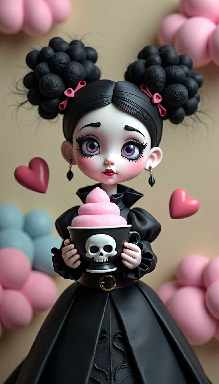 Claymation.The subject of the image is a figure with a striking resemblance to a gothic doll or puppet. The figure has large, curly black hair that is styled in two high, puffy buns. The hair is detailed with small, heartshaped accessories, adding to the whimsical nature of the image. The figures makeup is dramatic, with dark, bold eyeliner, winged eyeliner, and a pale, almost ghostly complexion. The figures eyes are large and expressive, with a hint of purple, and the lips are painted a deep shade of red.The figure is dressed in a black, Victorianstyle outfit with ruffled details and a high collar. The outfit has a gothic flair, with a belt cinching the waist and a buckle that adds to the overall dark aesthetic.In the figures hands, there is a large teacup with a skull design on the front. The cup is filled with cotton candy, which is a playful nod to the sweetness of the image juxtaposed with the gothic elements. The cotton candy is pink, which matches the hearts floating around the figure, further emphasizing the theme of love and sweetness.The background of the image is a neutral, beige color that fades into a lighter tone at the top, creating a sense of depth. The background is adorned with whimsical, cloudlike shapes in shades of pink and blue, which float around the figure and add to the dreamy, fantastical quality of the scene.