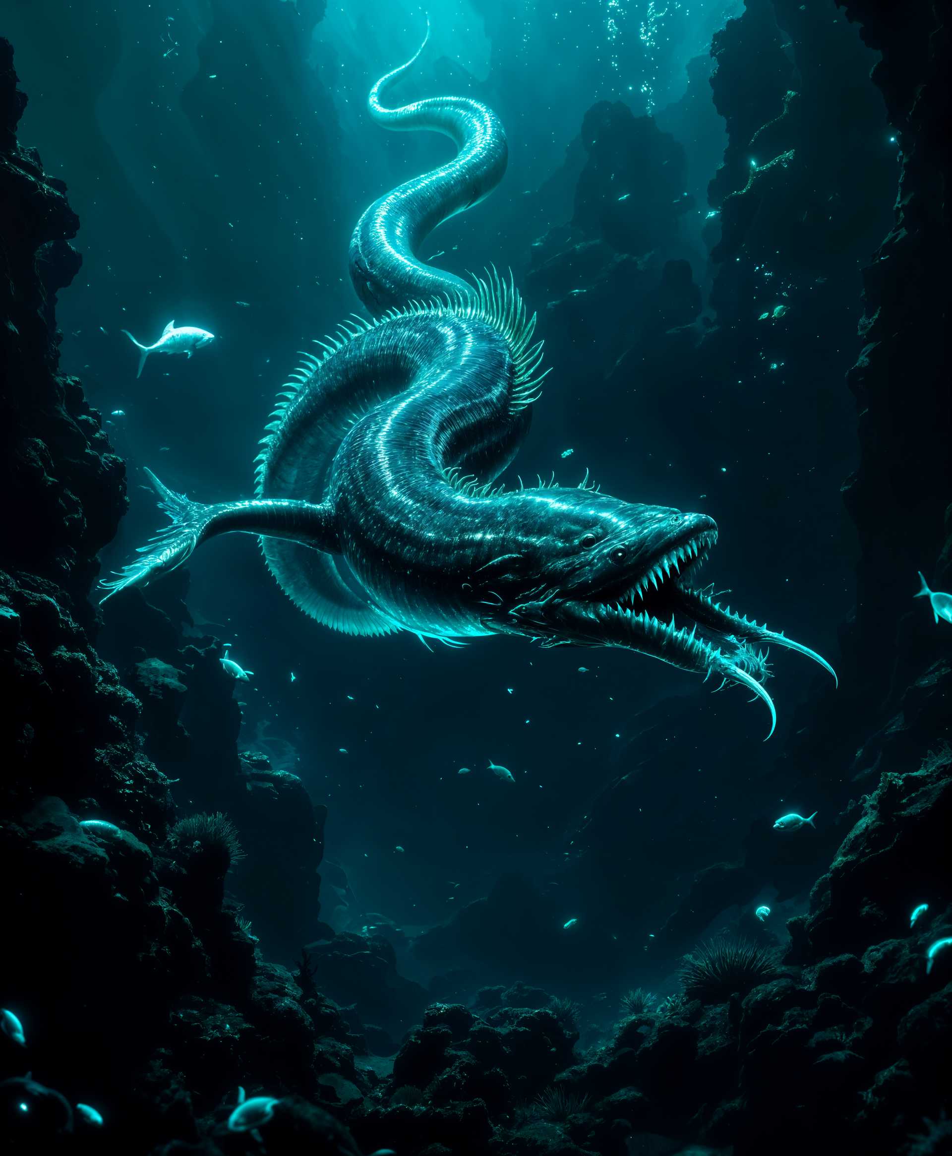 masterpiece, best quality, highres, sharp image, more detail, masterpiece, best quality, highres, sharp image, more detail, **Giant Serpentine Eel in the Abyss** - An otherworldly scene featuring a colossal eel, its elongated body stretching through the dark waters. Its skin is covered in lustrous, dark green scales that shimmer with iridescence when hit by sporadic bioluminescent light from surrounding sea creatures. 

- **Visual Details**: 
  - The eel's body is sleek, sinuous, and muscular, with scales that are not only dark green but also bear hints of turquoise and black at the edges, giving a depth to its skin. 
  - Its dorsal fin runs along the entire spine, transparent with a slight green hue, resembling the delicate fin of a moray eel but much larger and more imposing. 
  - The eel's jaws are wide, revealing rows of razor-sharp, ivory teeth, with a menacing underbite where barbs protrude menacingly. 
  - Two thin, almost skeletal arms are positioned just behind its head, with long, claw-like fingers that can be seen occasionally moving through the water.

- **Style**: 
  - Capture this scene in the style of underwater fantasy art, reminiscent of H.P. Lovecraft's creatures, with a touch of surrealism to exaggerate the creature's size and the eerie beauty of its form.

- **Composition**: 
  - The eel is the central focus, its body winding through the frame from the bottom left, coiling towards the top right, creating an S-shaped path for the viewer's eye to follow. 
  - Camera angle is from below, looking up at the eel to emphasize its overwhelming size and the terror it might inspire.

- **Mood and Atmosphere**: 
  - The setting is the deep, mysterious ocean, where light barely penetrates. The water is dark, almost black, with only the eel's scales and the occasional bioluminescent light providing illumination, creating an eerie, otherworldly ambiance. 
  - The atmosphere is tense, with a sense of foreboding and awe at the creature's majesty.

- **Technical Aspects**: 
  - Use chiaroscuro lighting techniques to highlight the eel's features, with the light coming from below to create dramatic shadows and highlights on the creature's body. 
  - Employ a wide-angle lens effect to capture the vastness of the underwater scene and the eel's scale in relation to its environment.

- **Cohesion**: 
  - The scene is unified by the theme of the deep sea, where this giant eel reigns as