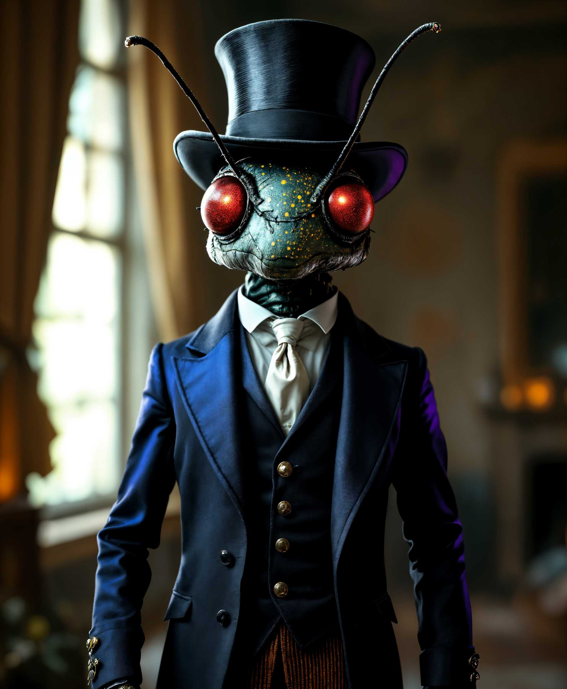 masterpiece, best quality, highres, sharp image, more detail, masterpiece, best quality, highres, sharp image, more detail, A high-resolution image of Jeeves, a refined insect butler, **standing elegantly** in a classic English manor setting. His **murky greyish-green skin** is textured to mimic the appearance of a gentleman beetle, with **yellow spots scattered across his face** like natural markings. His **red compound eyes** gleam with intelligence, reflecting the ambient light of the room.

- **Attire**: Jeeves is dressed in a **top hat, white shirt, and tie**, with a **buttoned coat** that shifts subtly between **dark blue and purple** to suggest iridescence. The clothing is tailored to fit his unique insectoid form, enhancing his sophisticated demeanor.

- **Lighting**: The scene is illuminated by soft, diffused natural light coming through a nearby window, casting gentle shadows that highlight the texture of his skin and the fine details of his attire.

- **Style**: The image adopts a **Victorian aesthetic**, with elements reminiscent of **19th-century portraiture**, capturing the dignity and formality of the era. The photographic technique involves a **shallow depth of field**, focusing on Jeeves while the background gently blurs, emphasizing his presence.

- **Composition**: Jeeves is positioned **slightly to the left of center**, his body angled towards the viewer, creating a sense of interaction. His **top hat** is slightly tilted, adding a touch of personality. The camera angle is **slightly low**, making him appear more imposing and majestic.

- **Mood and Atmosphere**: The atmosphere is **quiet, dignified**, and **reflective of a bygone era**. The room exudes an air of **old-world charm**, with antique furnishings and the faint sound of a grandfather clock ticking in the background.

- **Technical Aspects**: Use **soft focus** on the edges to create a vignette effect, focusing attention on Jeeves. Employ **bokeh lighting** to give depth to the scene, and apply **color grading** to emphasize the blue and purple tones of his coat, ensuring they harmonize with the room's decor.

This composition creates a cohesive, believable scene where Jeeves, despite his insectoid nature, embodies the essence of an English gentleman butler, complete with the elegance and refinement of a classic Victorian portrait.