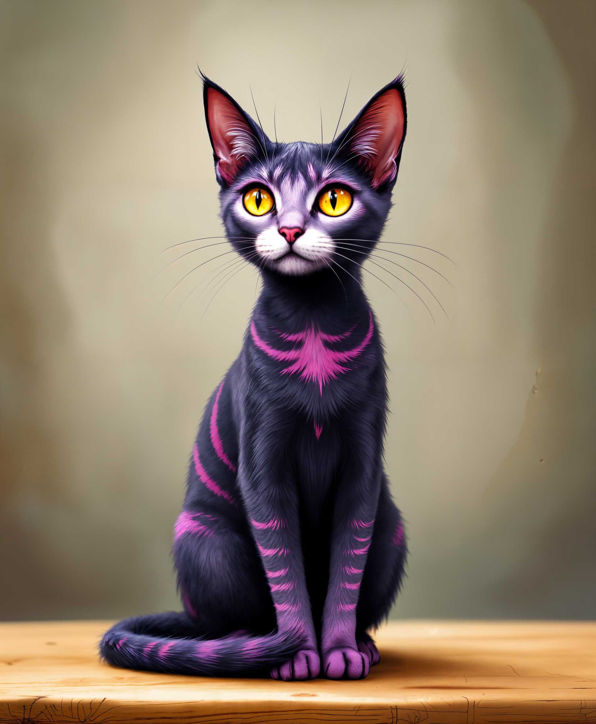 masterpiece, best quality, highres, sharp image, more detail, masterpiece, best quality, highres, sharp image, more detail, Create an image of a **sleek red cat** with **thin limbs** and an **elongated body**. The cat should have **yellow eyes** with **small, constricted pupils** and **violet highlights** on the lower eyelids. His **ears** are tipped with **violet**, matching the **violet-tipped nose** and **three violet stripes** running horizontally across his back. His expression should be **curious** yet **aloof**, without visible eyebrows. 

**Style**: Illustrate in a **hyper-realistic** manner, capturing the **texture of fur** with fine, detailed strokes, akin to the **fine art illustrations** of the late 19th century. Use **soft, natural lighting** to enhance the **vibrant colors** and create **subtle shadows** that define the cat's form.

**Composition**: Position the cat **side-on** on a **wooden table**, allowing the stripes to be clearly visible. The camera should be **slightly above eye-level** to emphasize the cat's **elongated body** and **slender limbs**. The background should be **blurred**, focusing attention on the cat.

**Mood and Atmosphere**: The scene should evoke a **peaceful, contemplative mood**, with the **soft light** of a late afternoon sun filtering through a window, casting **gentle shadows** across the cat's body, highlighting the **vibrant red fur** and **violet accents**.

**Technical Aspects**: Utilize **depth of field** to blur the background, ensuring the cat remains the focal point. Employ **color balance** to make the red fur and violet accents pop against a more neutral background, using **soft focus** around the edges to enhance the realism.