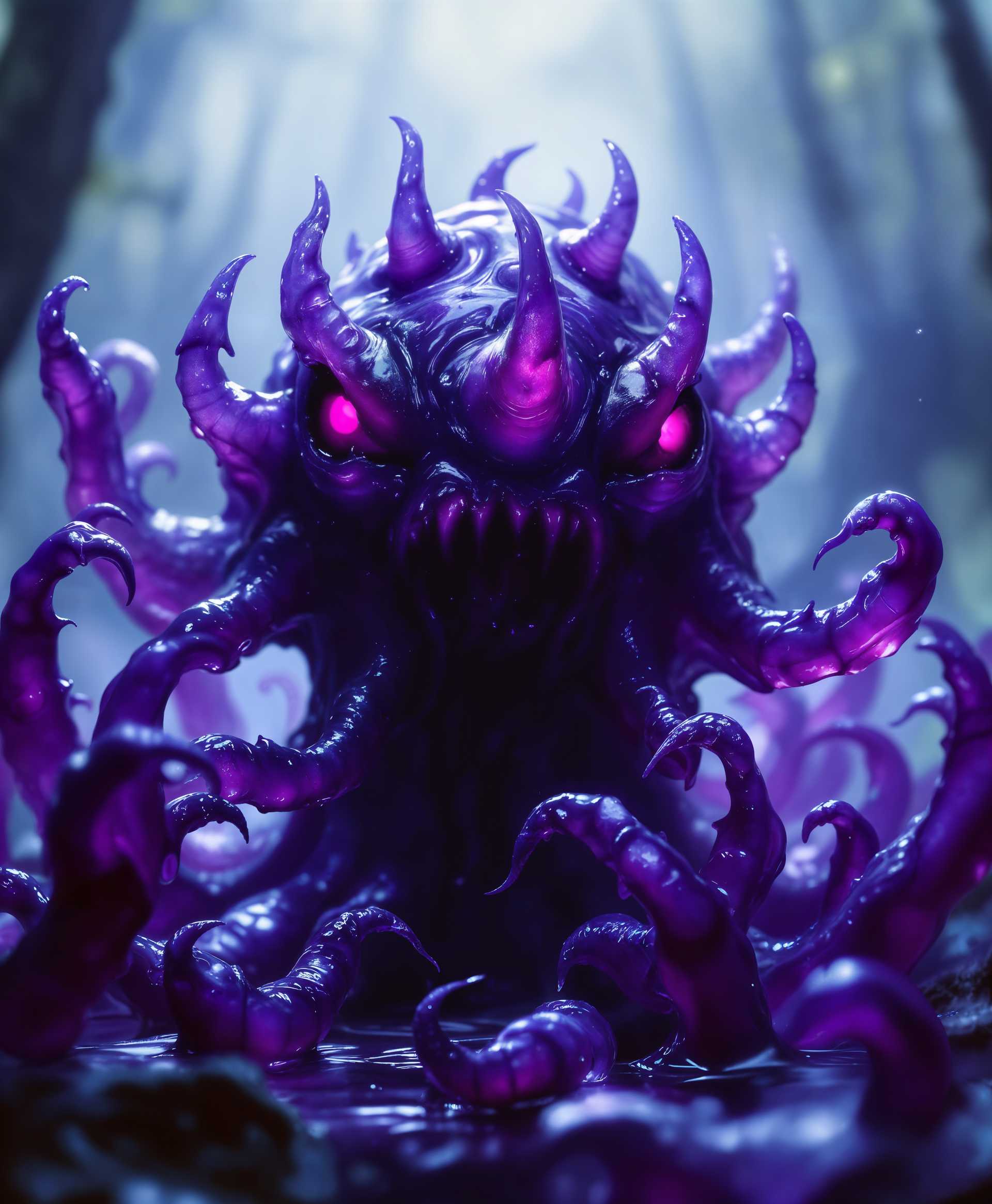masterpiece, best quality, highres, sharp image, more detail, masterpiece, best quality, highres, sharp image, more detail, **Prompt:**

A high-quality, detailed depiction of a **purple Jam Monster**, with the following specifications:

- **Visual Details:** The creature's body is made of a semi-translucent, vibrant purple jelly, resembling the consistency of thick, freshly made jam. Its surface glistens with an inner light, showcasing subtle swirls of lighter and darker shades of purple, with hints of indigo and violet. The monster has numerous **tentacle-like hands** emerging from various parts of its body, each tentacle ending in multiple, dexterous fingers that are slightly translucent, revealing the jam's texture within.

- **Style:** The image should be rendered in a **surrealist** style, reminiscent of the dreamlike and bizarre works of Salvador Dalí, where the laws of physics and reality are playfully bent. The lighting should be soft and diffused, creating a sense of ethereal presence.

- **Composition:** The Jam Monster is the focal point, positioned centrally with its tentacles reaching out towards the edges of the frame. The camera angle is slightly low, looking up at the creature, giving it an imposing, larger-than-life presence. The background should be abstract, with swirling patterns of color that complement the creature's vibrant hue, suggesting an otherworldly environment.

- **Mood and Atmosphere:** The scene is set in a timeless, dreamlike state, with a mood that is both whimsical and slightly unsettling. The atmosphere is calm but filled with an underlying tension, as if the Jam Monster could come to life at any moment. The lighting creates soft, long shadows, enhancing the surreal quality of the scene.

- **Technical Aspects:** Utilize **soft focus** for parts of the image to blur the line between reality and dream, with areas of high detail on the creature's tentacles and face for contrast. Employ **bokeh** effects in the background to further abstract the environment. The image should have a **high dynamic range** to capture the full spectrum of colors and textures within the jam.

- **Cohesion:** All elements should blend seamlessly to create a believable, yet fantastical scene where a purple Jam Monster with tentacle-like hands exists in a surreal, dreamscape environment, evoking a sense of wonder, curiosity, and a touch of the uncanny.