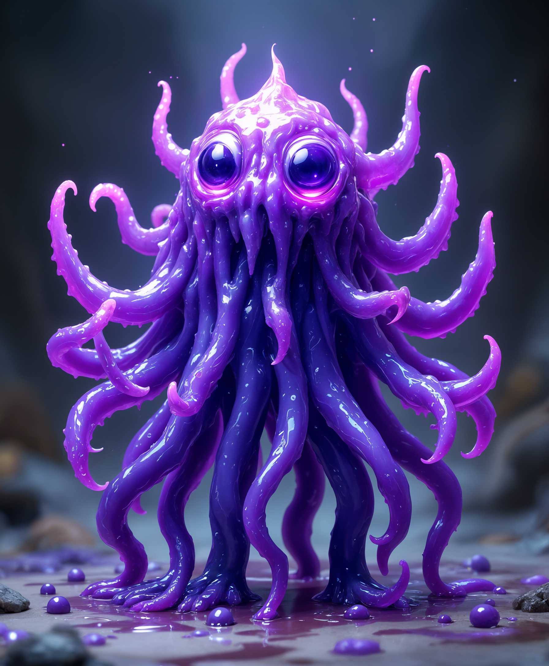 masterpiece, best quality, highres, sharp image, more detail, masterpiece, best quality, highres, sharp image, more detail, **Prompt:**

A high-quality, detailed depiction of a **purple Jam Monster**, with the following specifications:

- **Visual Details:** The creature's body is made of a semi-translucent, vibrant purple jelly, resembling the consistency of thick, freshly made jam. Its surface glistens with an inner light, showcasing subtle swirls of lighter and darker shades of purple, with hints of indigo and violet. The monster has numerous **tentacle-like hands** emerging from various parts of its body, each tentacle ending in multiple, dexterous fingers that are slightly translucent, revealing the jam's texture within.

- **Style:** The image should be rendered in a **surrealist** style, reminiscent of the dreamlike and bizarre works of Salvador Dalí, where the laws of physics and reality are playfully bent. The lighting should be soft and diffused, creating a sense of ethereal presence.

- **Composition:** The Jam Monster is the focal point, positioned centrally with its tentacles reaching out towards the edges of the frame. The camera angle is slightly low, looking up at the creature, giving it an imposing, larger-than-life presence. The background should be abstract, with swirling patterns of color that complement the creature's vibrant hue, suggesting an otherworldly environment.

- **Mood and Atmosphere:** The scene is set in a timeless, dreamlike state, with a mood that is both whimsical and slightly unsettling. The atmosphere is calm but filled with an underlying tension, as if the Jam Monster could come to life at any moment. The lighting creates soft, long shadows, enhancing the surreal quality of the scene.

- **Technical Aspects:** Utilize **soft focus** for parts of the image to blur the line between reality and dream, with areas of high detail on the creature's tentacles and face for contrast. Employ **bokeh** effects in the background to further abstract the environment. The image should have a **high dynamic range** to capture the full spectrum of colors and textures within the jam.

- **Cohesion:** All elements should blend seamlessly to create a believable, yet fantastical scene where a purple Jam Monster with tentacle-like hands exists in a surreal, dreamscape environment, evoking a sense of wonder, curiosity, and a touch of the uncanny.