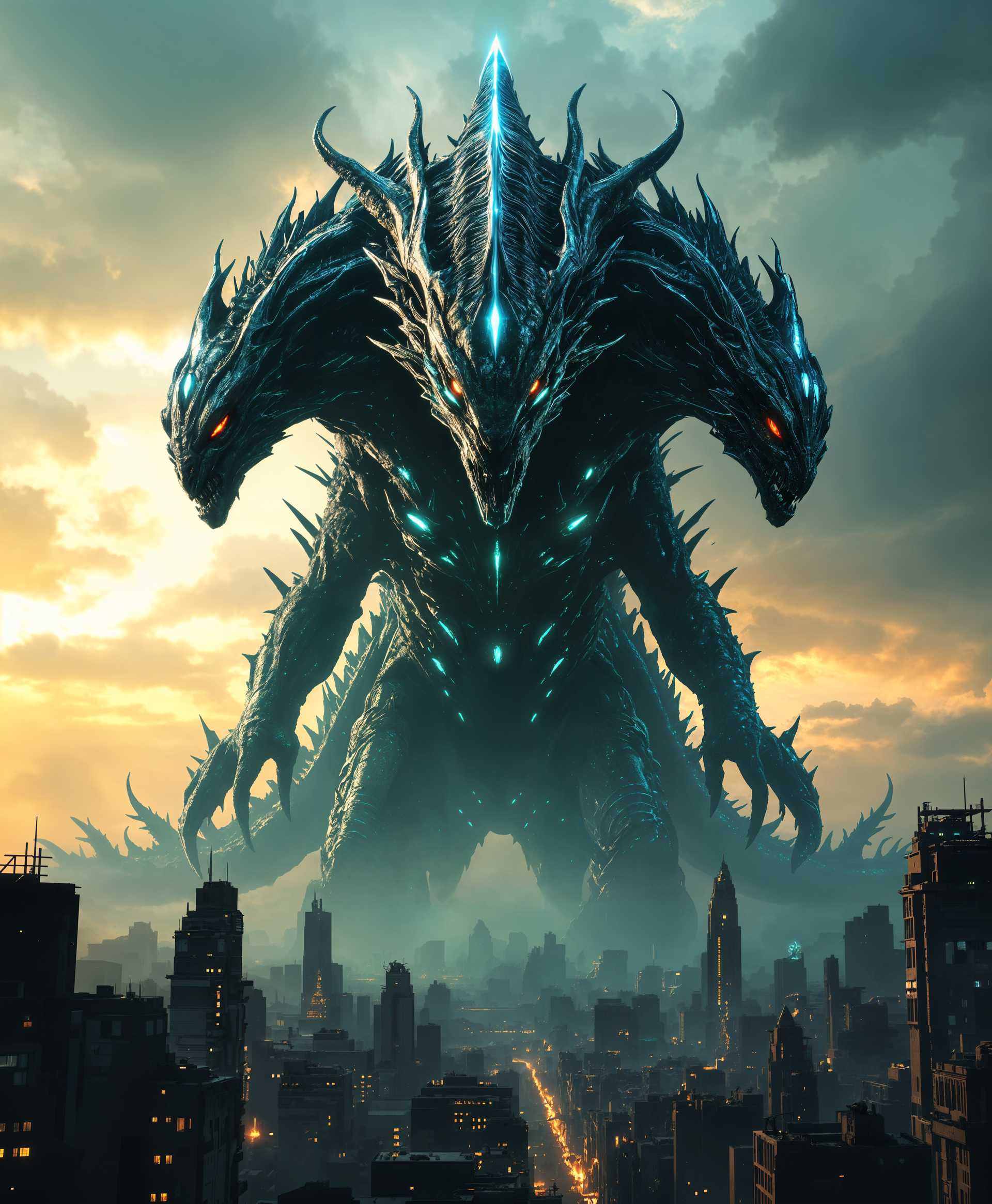 masterpiece, best quality, highres, sharp image, more detail, masterpiece, best quality, highres, sharp image, more detail, A colossal, **three-headed dragon alien**, reminiscent of a **hydra**, dominating the skyline with its **Godzilla-like stature**. 

- **Visual Details**: Each head boasts distinct features; the leftmost head has piercing **red eyes**, the center with **glowing blue orbs**, and the rightmost with **intense green slits**. Their scales shimmer in a **metallic sheen** of dark green and silver, reflecting light with an otherworldly glow. The creature's body is adorned with **bioluminescent markings** that pulse softly, casting an eerie light around its massive form.

- **Style**: Rendered in the dramatic, **hyper-realistic style** of modern CGI, with influences from **H.R. Giger's biomechanical art**, giving it an alien, yet organic appearance.

- **Composition**: The alien hydra is positioned centrally, towering over a **ruined cityscape** at **golden hour**, casting long, ominous shadows. The camera angle is **low** to emphasize its size, looking up at the creature as it surveys its new domain, its heads at different angles, adding a sense of dynamic motion.

- **Mood and Atmosphere**: The scene exudes an **apocalyptic**, yet **awe-inspiring** mood. The sky is streaked with **orange and purple clouds**, suggesting the aftermath of a cataclysmic event, with the air thick with **fog and smoke**.

- **Technical Aspects**: Employ **depth of field** to blur the distant destruction, focusing sharply on the alien hydra. Use **dramatic lighting** to highlight its textured skin and the details of its many eyes, capturing the play of light and shadow to convey its menacing presence.

- **Cohesion**: The image combines the **alien** and **mythological** elements into a single, believable entity, integrating seamlessly with the **post-apocalyptic setting** to create a scene of awe, fear, and the unknown.
