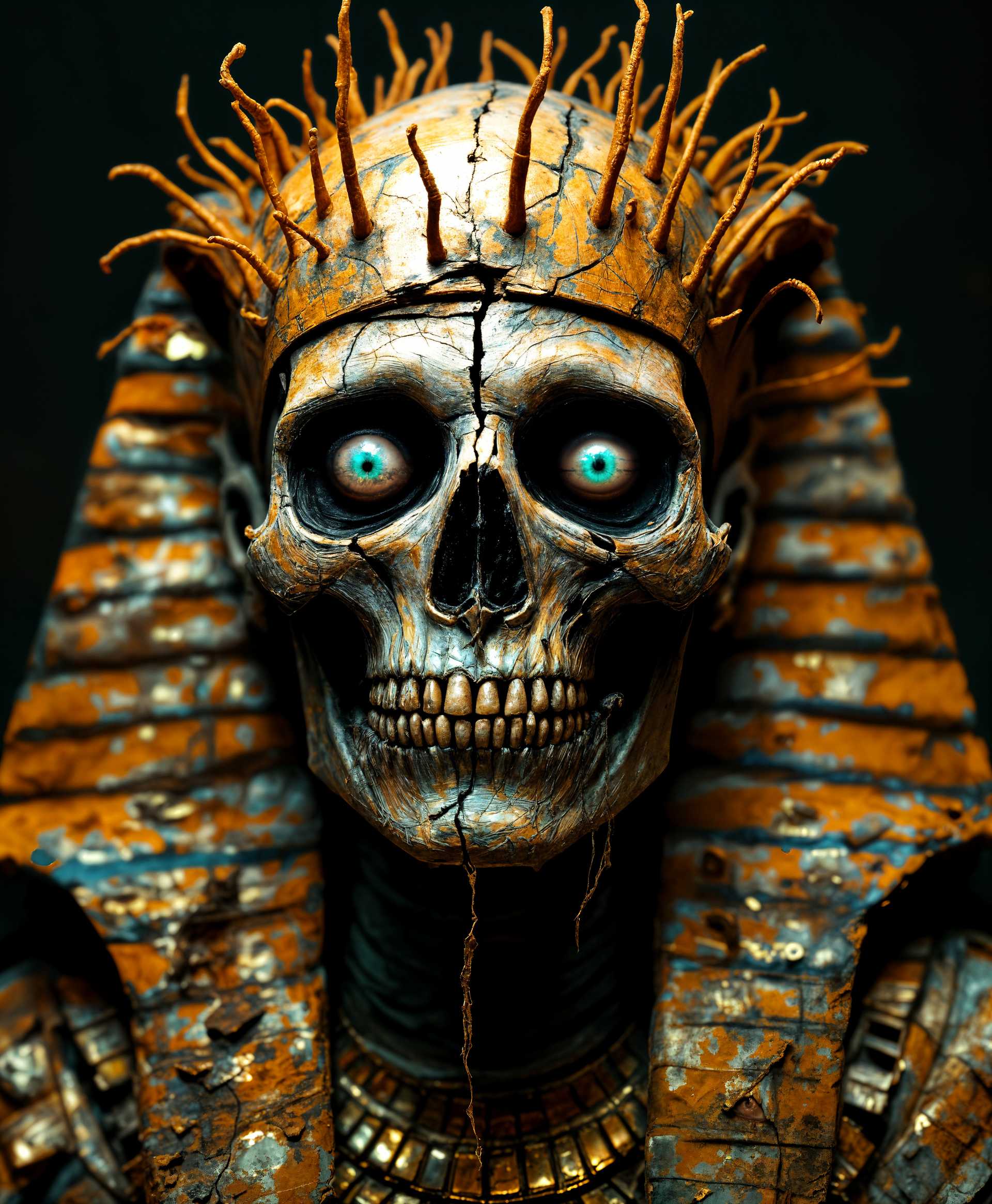 masterpiece, best quality, highres, sharp image, more detail, masterpiece, best quality, highres, sharp image, more detail, **Prompt:**

An eerie portrait of King Ramses, a decaying mummy, in a **realistic** yet **macabre** art style reminiscent of **Egyptian burial art** fused with elements of **Gothic horror**:

- **Mask:** A dilapidated and skeletal Egyptian burial mask with visible cracks and flaking gold leaf, revealing the decayed flesh beneath.
  
- **Eyes:** Deep-set, dark teal eyes with a striking blue-white iris and a sickly yellowish-green sclera, underscored by heavy purple eyeliner creating dramatic eye bags, enhancing the sunken, haunted look.

- **Flesh:** Burnt orange flesh, peeling and tattered, showcasing the decay of a mummy who has been long entombed.

- **Hair:** Sparse, burnt tangerine strands protruding from the skull, animated in a constant inward and outward scrunch movement, adding an unsettling, otherworldly quality.

- **Attire:** 
  - A dark green Egyptian pharaoh robe, faded and tattered, with yellow-green gauze draped over the shoulders, suggesting the passage of time and decay.
  - The feet are obscured by ghostly, zig-zagged floating rags from the robe, implying he floats rather than walks, creating an ethereal, haunting presence.

- **Lighting:** Dim, with a focus on the eyes and mask to highlight their eerie features, casting shadows that emphasize the depth of the eye sockets and the decay of the flesh.

- **Composition:** King Ramses is centered, with a slight tilt of the head to one side, looking directly at the viewer. The background is a blurred, shadowy tomb, with hieroglyphs faintly visible, adding to the ancient, cursed atmosphere.

- **Mood and Atmosphere:** The scene exudes a sense of **foreboding**, **eternal decay**, and **supernatural presence**, with the air thick with the scent of ancient spices and dust, under a **moonlit** sky filtered through the tomb's entrance.

- **Technical Aspects:** Use of **chiaroscuro** to enhance the depth and texture of the decayed elements, with **selective focus** to draw attention to the eyes and mask, **soft focus** for the background to create an otherworldly, timeless feel.

This image captures King Ramses in a moment of eternal vigilance, as if marking his curses onto the viewer, his presence both static and disturbingly alive.