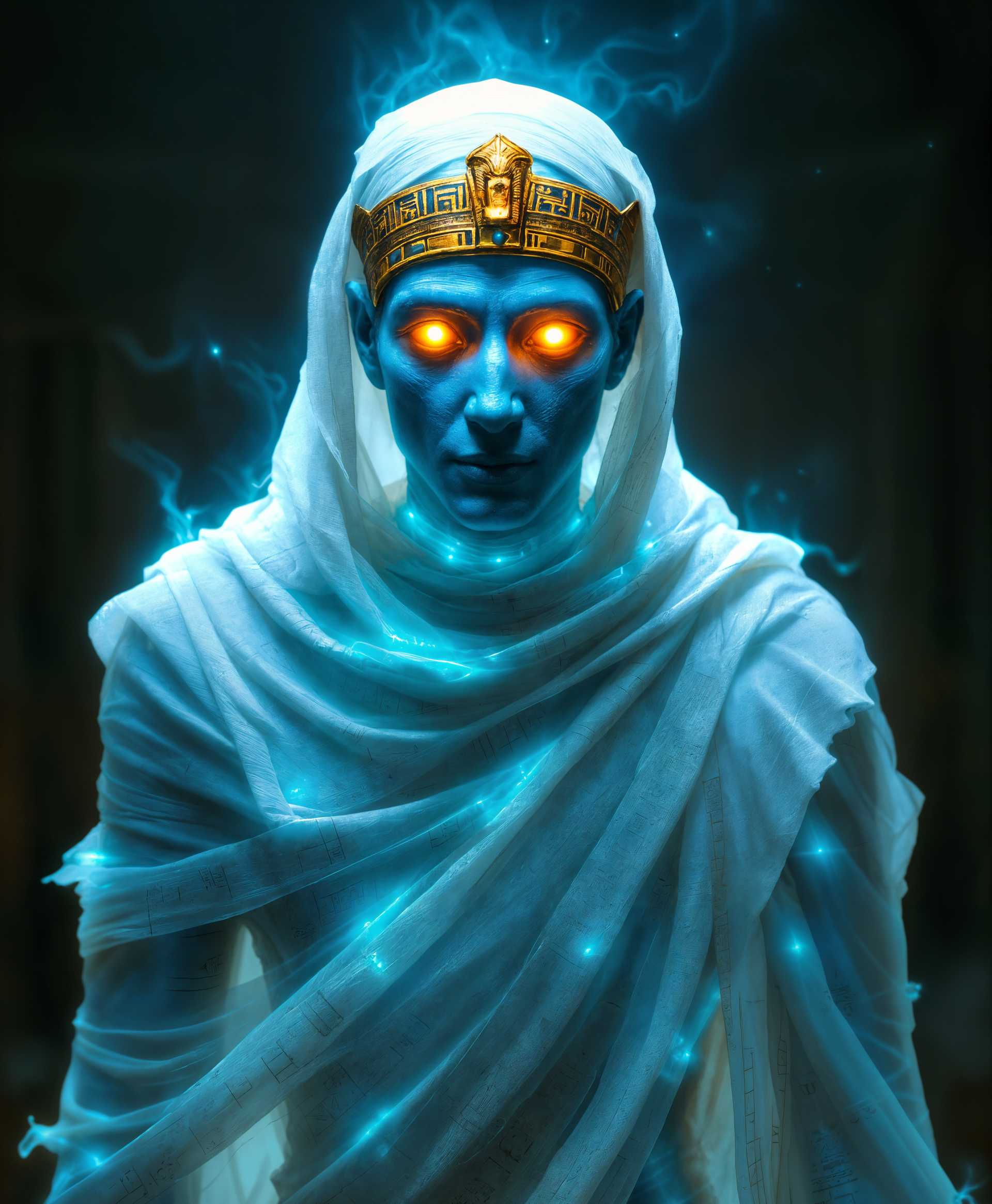 masterpiece, best quality, highres, sharp image, more detail, masterpiece, best quality, highres, sharp image, more detail, In the style of ancient Egyptian art, depict King Ramses as a spectral figure, his ghostly form translucent and shimmering with an ethereal glow. His **mummy bandages** are loosely wrapped around his body, giving off an **otherworldly light**, as if illuminated by the moonlight of the Nile. 

**Visual Details:** 
- His **skin** should appear as a faint, spectral blue, with **hieroglyphs** subtly inscribed upon his translucent bandages.
- The **crown of Upper and Lower Egypt** sits atop his head, its golden sheen dulled by time but still visible.
- His **eyes** glow with an intense, fiery energy, capturing the essence of his lingering spirit.

**Style:** 
- Mimic the **rigid, frontal perspective** common in Egyptian art, but with a **surreal, ghostly twist**.
- Use a **hyper-realistic texture** for his bandages, contrasted with the **smooth, almost airbrushed look** of his spectral form.

**Composition:** 
- King Ramses stands tall and imposing, slightly off-center in the frame, facing forward with a slight turn of the head to gaze directly at the viewer.
- Behind him, **hints of ancient Egyptian architecture** like obelisks and pyramids fade into a **mystical, foggy background**.

**Mood and Atmosphere:** 
- The scene should evoke a sense of **mystery and timelessness**, with a **hazy, pre-dawn atmosphere**.
- The lighting should be **soft and diffused**, as if filtered through ancient temple walls, creating a **dreamlike quality**.

**Technical Aspects:** 
- Utilize **long exposure techniques** to give the ghostly figure a sense of movement or presence.
- Implement **soft focus** on the edges of the image to blend the pharaoh's form into the ethereal surroundings.

**Cohesion:** 
- All elements should contribute to the narrative of a pharaoh's spirit still guarding his kingdom, with a balance between **historical accuracy** and **supernatural elements**, creating a believable and immersive scene.