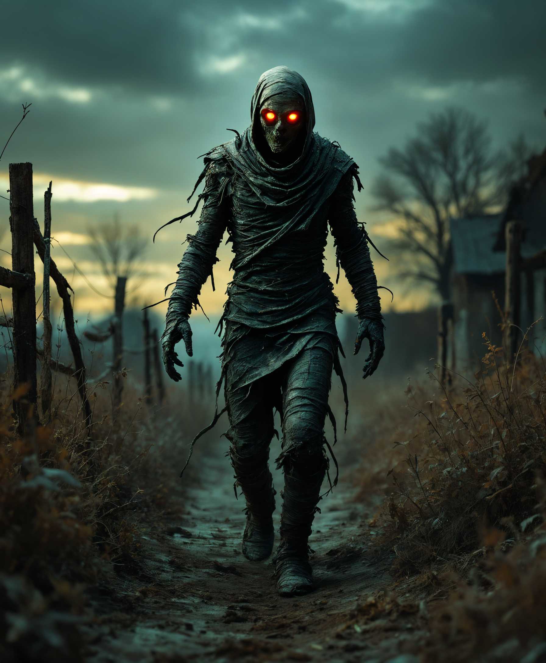 masterpiece, best quality, highres, sharp image, more detail, An evocative image of an **ancient Egyptian mummy** with **glowing red eyes**, slowly **walking down a desolate farm path** at **dusk**. The scene captures the **mummy's tattered bandages** fluttering in the **gentle evening breeze**, revealing **desiccated flesh** beneath. The farm is **overgrown with weeds**, with **rotting wooden fences** and **abandoned farm equipment** scattered around. The **light is dim**, with **long shadows** cast by the setting sun, enhancing the **eerie atmosphere**. The **mummy's eyes** emit a **sinister red glow**, contrasting with the **muted, earthy tones** of the farm. The **camera angle** is low, from behind the mummy, giving a **sense of foreboding** as it moves towards the viewer. The **photography style** is reminiscent of **vintage horror movie posters**, with **high contrast and deep, rich shadows**, creating a **surreal, almost painted quality** to the image.