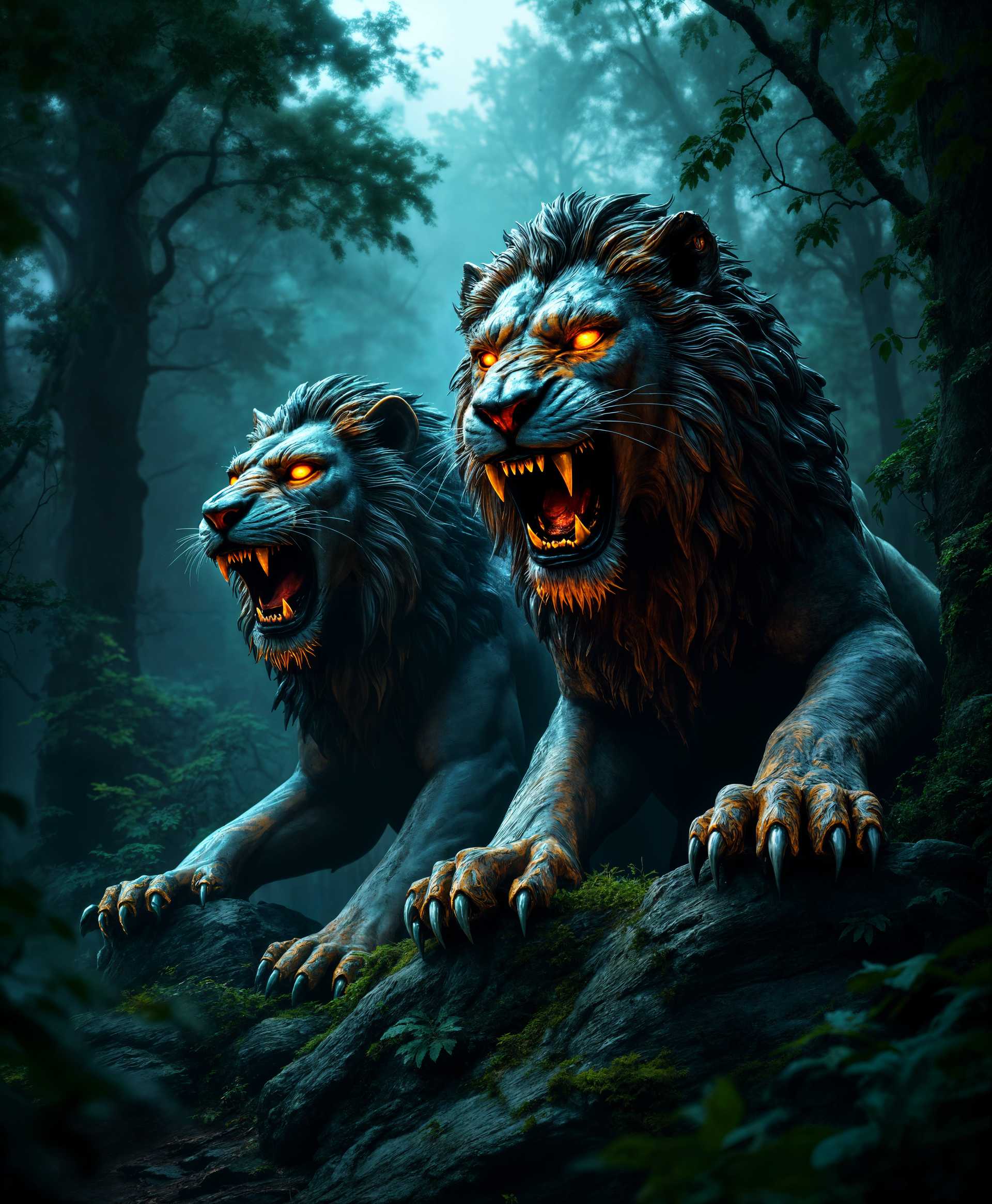 masterpiece, best quality, highres, sharp image, more detail, masterpiece, best quality, highres, sharp image, more detail, **Prompt:**

In a verdant, foggy forest clearing at twilight, two **menacing lion statues** loom with an imposing presence, their eyes glowing with a fierce, predatory gleam. Their fur is rendered in rich, dark browns and blacks, with **intricate carvings** depicting muscles rippling under their stone skin. The statues are positioned to **leap forward**, capturing a dynamic, aggressive pose that conveys their intent to **hunt humans**. 

- **Lighting:** The scene is illuminated by the dim, eerie glow of the setting sun filtering through the dense, misty forest, casting long shadows and highlighting the statues' **sharp claws** and **baring teeth**.
  
- **Style:** The statues are crafted in a **hyper-realistic Baroque style**, with a focus on dramatic expression and exaggerated forms, yet maintaining a sense of realism in their lifelike textures and expressions.

- **Composition:** The statues are **centered** in the frame, with the camera angle **slightly below eye level** to emphasize their size and dominance. The surrounding foliage frames them, creating a **diagonally leading line** that guides the viewer's eye towards the statues.

- **Mood and Atmosphere:** An atmosphere of **impending doom** and **mystical terror** is palpable. The air is thick with mist, and the forest is eerily silent except for the occasional rustle of leaves, enhancing the statues' **ominous aura**.

- **Technical Aspects:** The image should exhibit **high contrast** with **shallow depth of field** to blur the background forest and **focus sharply** on the statues, with a **selective focus** on their eyes to convey their predatory intent.

This scene should evoke a sense of **timeless threat**, as if these guardians of the forest have been waiting for centuries for the right moment to **strike**.