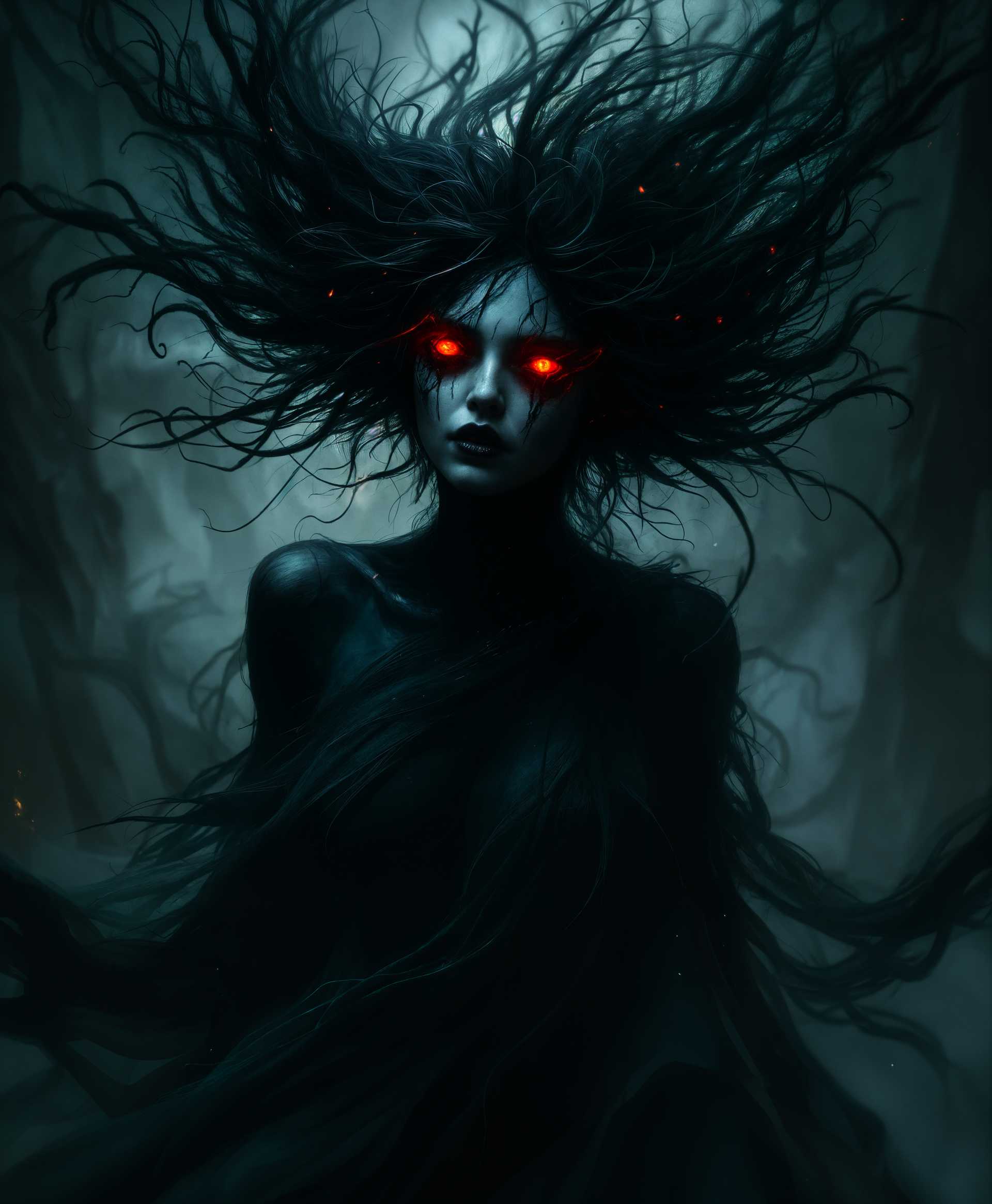 masterpiece, best quality, highres, sharp image, more detail, masterpiece, best quality, highres, sharp image, more detail, Craft an image of an **eerie and ethereal female spirit** with **dark, almost black skin** that seems to absorb light around her. Her **eyes burn with a fierce, vengeful red glow**, piercing through the darkness. 

- **Visual Details:** Her hair is wild, a chaotic mix of shadows and dark energy, floating around her head like a living entity. Her form is semi-transparent, with swirling dark mists and tendrils extending from her body, suggesting an otherworldly presence. The texture of her skin has an unnatural sheen, hinting at her supernatural origin.

- **Style:** The image should evoke the style of **Gothic art**, with dramatic chiaroscuro lighting to enhance the contrast between her dark form and the surrounding environment. The influence of **Pre-Raphaelite artists** can be seen in the detailed depiction of her facial features and flowing, ethereal robes.

- **Composition:** She is central in the composition, her figure filling much of the frame, creating an imposing and inescapable presence. The camera angle is slightly low, making her appear more dominant and menacing. The background is a blend of deep shadows and faint, ghostly outlines of a once serene landscape, now tainted by her wrath.

- **Mood and Atmosphere:** The atmosphere is thick with tension, the air feels heavy with an impending sense of doom. The time is dusk, where the light is fading, and the world is transitioning into the night, enhancing the eerie and vengeful mood. A slight fog or mist hangs in the air, further blurring the line between the physical and the spectral.

- **Technical Aspects:** Utilize **high dynamic range (HDR)** to capture the intense light of her eyes against the dark surroundings. Employ **selective focus** to keep her eyes sharp while the rest of her form and background remain slightly blurred, adding to her ghostly appearance. 

- **Cohesion:** All elements must converge to portray her as a figure of retribution, her presence alone altering the very essence of the environment around her, making it as if the world itself is responding to her vengeful spirit.