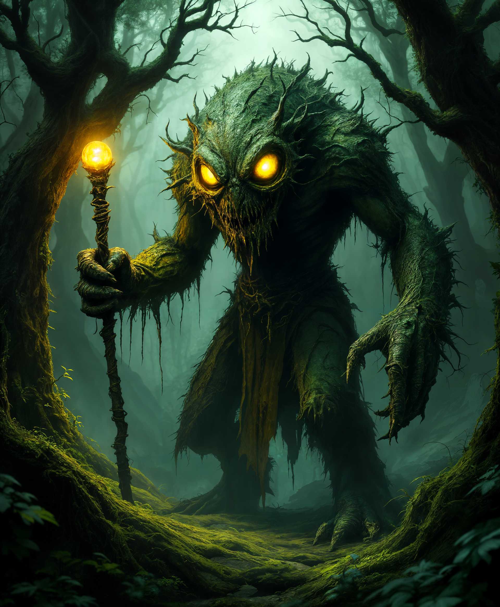 masterpiece, best quality, highres, sharp image, more detail, masterpiece, best quality, highres, sharp image, more detail, A **green and brown magician monster**, with a **textured, moss-like skin** that looks both **ancient and mystical**. Its **eyes are large and luminescent, glowing with an eerie, yellow light** that pierces through the darkness, conveying a sense of **mystery and intimidation**. The monster stands in a **foggy, twilight forest**, the **light barely filtering through the dense canopy** to highlight its silhouette. 

- **Artistic Style:** The image should capture the essence of **dark fantasy art**, reminiscent of **Greg Rutkowski's detailed and atmospheric illustrations**, with a touch of **H.R. Giger's biomechanical elements** to emphasize the otherworldly nature of the creature.

- **Composition:** The monster is **centered in the frame**, but with a **low camera angle** to make it loom over the viewer, enhancing its imposing presence. The background features **twisted trees and creeping vines**, framing the monster, creating a sense of depth and entrapment.

- **Mood and Atmosphere:** The scene is **ominous** with **subtle, magical lighting** illuminating only the monster's eyes and the edges of its form, creating a stark contrast against the dark forest. The atmosphere is **chilly, with a slight mist**, and the silence is palpable, enhancing the eerie and suspenseful mood.

- **Technical Aspects:** Use **soft focus** on the background to blur the trees, focusing attention on the creature. Employ **high dynamic range imaging** to capture the contrast between the dark surroundings and the illuminated features of the monster. 

- **Cohesion:** All elements should blend seamlessly, creating a believable and immersive scene where the monster's presence feels both natural and threatening, embodying the lore of a powerful, ancient being hidden within the depths of an enchanted forest.