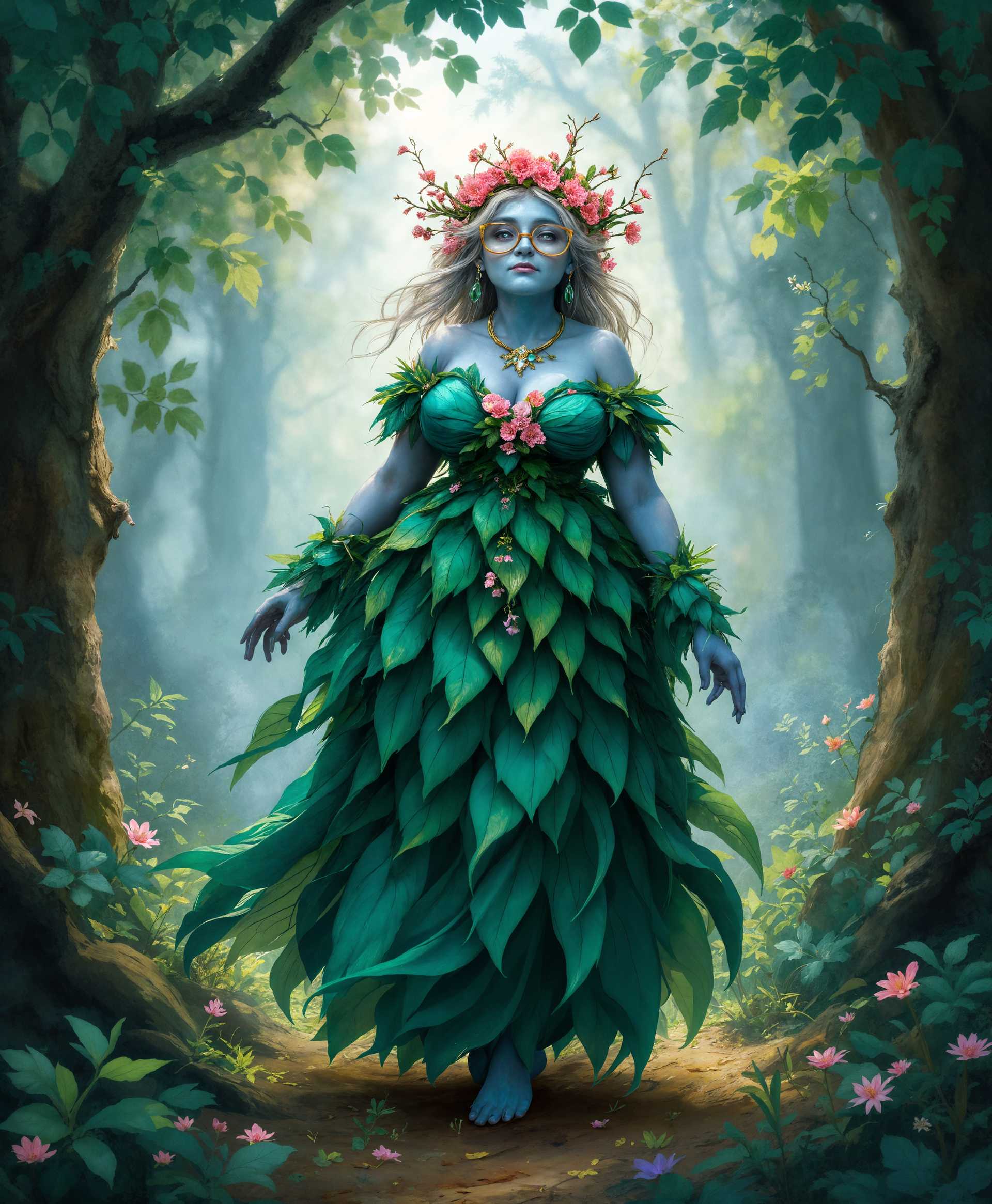 masterpiece, best quality, highres, sharp image, more detail, masterpiece, best quality, highres, sharp image, more detail, In a serene woodland setting at twilight, an **Elder Pixie** emerges, her **blue skin** shimmering with a subtle bioluminescence. She dons a **long, flowing dress** made of **delicate, overlapping petals and leaves** in hues of forest green and earthy browns, enhancing her connection to nature. The dress flows gracefully, suggesting movement and life. A **crown of pink flowers**, adorned with **delicate branches** that seem to grow from her head, symbolizes her ancient wisdom and her role as a guardian of the forest. 

Her **chubby form** speaks of years of indulgence in the forest's bounty, her **wrinkled face** exudes a kind, grandmotherly warmth, and her **glasses** rest gently on her nose, hinting at her intellectual pursuits in the magical arts. 

The **scene is painted in the style of Impressionism**, with soft, blurred edges and vibrant colors that capture the ethereal quality of her presence. The **lighting** is gentle, with **dappled sunlight** filtering through the canopy, creating a **mood of tranquility and mysticism**. The **composition** centers on the Pixie, with the forest around her slightly out of focus, emphasizing her as the focal point, while **soft, natural bokeh** from the surrounding flora adds depth to the image. 

**Technical elements** include a **shallow depth of field** to isolate her from the background, a **soft focus** to evoke a dreamlike atmosphere, and **selective color saturation** to highlight the magical elements of her attire and the natural surroundings.
