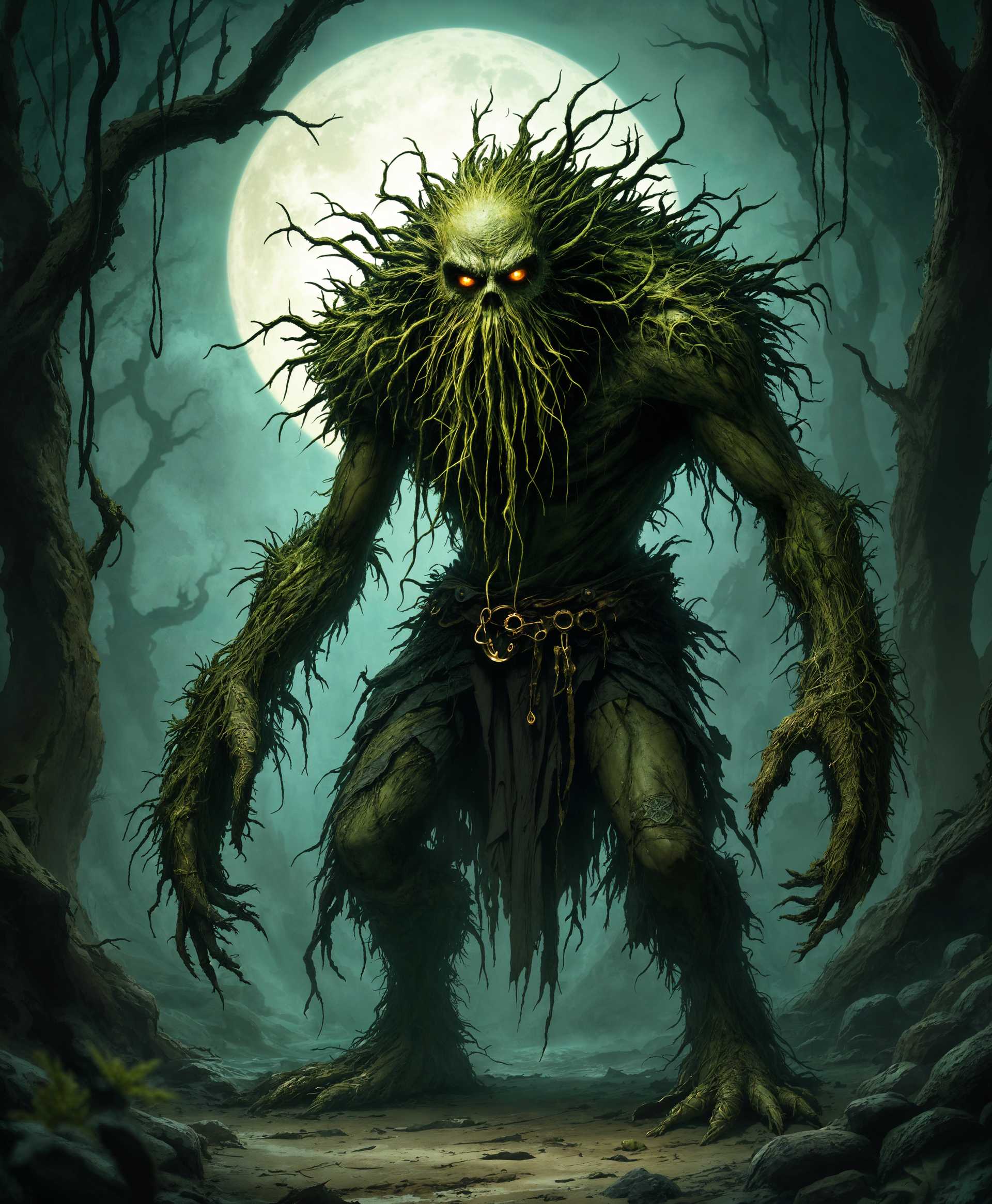 masterpiece, best quality, highres, sharp image, more detail, masterpiece, best quality, highres, sharp image, more detail, **The Prickle Pirate:** A towering, **emaciated** figure, with **leathery green skin**, reminiscent of an ancient, **gnarled tree**. His **eyes** are **deep-set**, burning with a **sinister intensity**, under **bushy, unkempt eyebrows**. His **beard** is a **tangled mess** of **seaweed and moss**, dripping with **salty droplets**. He stands **hunched**, **casting long, ominous shadows** in the **dim light** of a **misty, moonlit night**. His **attire** consists of **tattered, time-worn pirate garb**, with **patches of barnacle-encrusted leather** and **seaweed woven into the fabric**. 

**Style**: This image should evoke the **dark, whimsical** essence of **fairy tale illustrations**, reminiscent of **Arthur Rackham's gothic interpretations**, with a **folkloric**, **slightly macabre twist**. 

**Composition**: The Prickle Pirate is **center-frame**, his **sinewy arms** reaching out as if to **grab** something just out of view, suggesting **malevolence**. The **camera angle** is **slightly below eye level**, looking up to emphasize his **height and imposing presence**. The **background** is **foggy, with silhouettes of a mythical ship** and **foreboding cliffs**, creating a **sense of isolation** and **mystery**. 

**Mood and Atmosphere**: The scene is **eerie**, with **fog rolling in** from the **dark ocean**, **moonlight** casting **sinister highlights** on his **sharp features**, and **occasional lightning** in the distance for added **tension**. 

**Technical Aspects**: Utilize **chiaroscuro lighting** to enhance the **mood**, **depth of field** to blur the background, and **textural rendering** to capture the **roughness** of his skin and clothing. The **color palette** should be **muted**, with **greens** and **blues** dominating, accented by **sporadic, eerie yellow glows**.