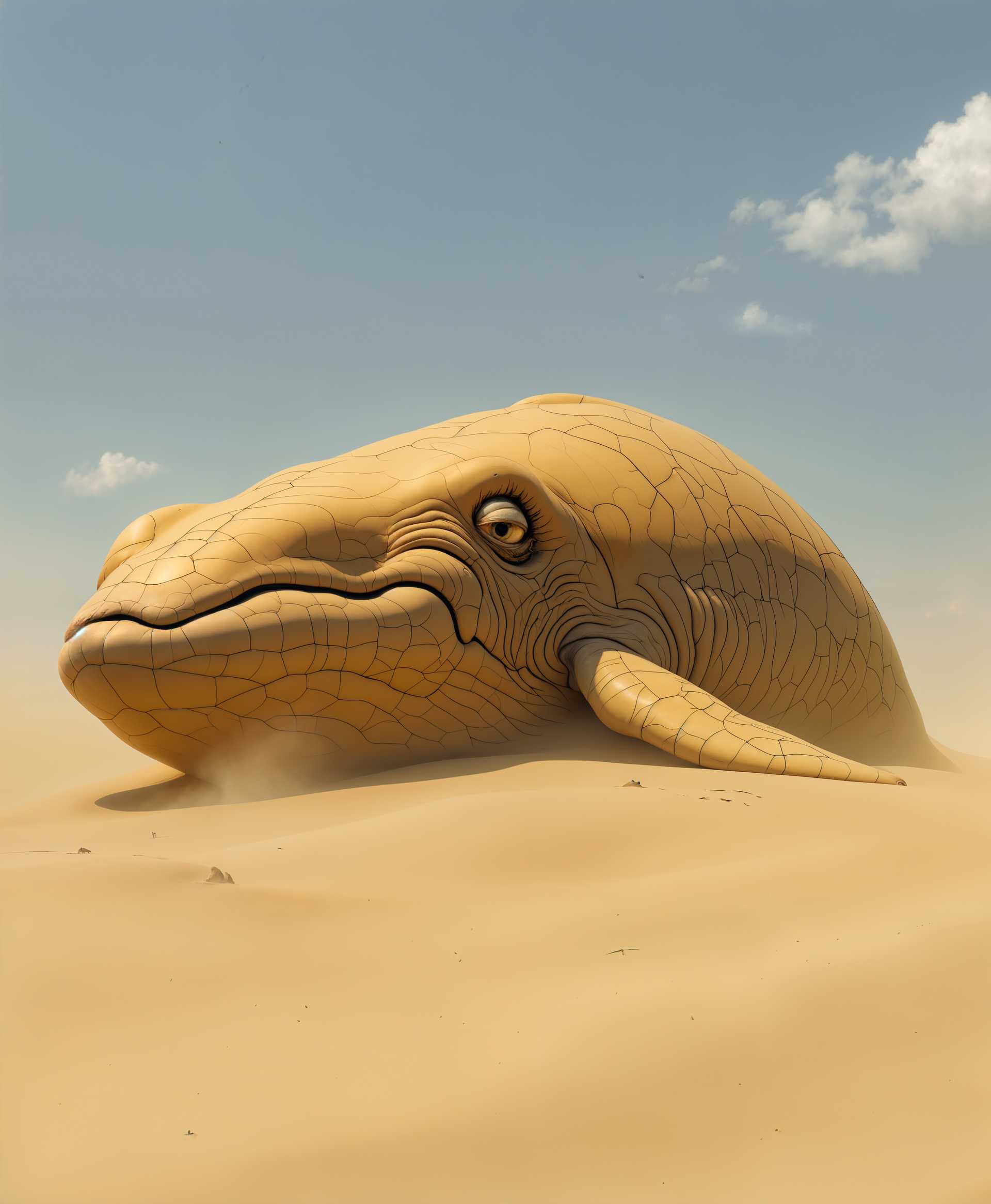 masterpiece, best quality, highres, sharp image, more detail, masterpiece, best quality, highres, sharp image, more detail, An **olive green** Sand Whale, **tired** from years of searching, with **pronounced bags under his eyes**. The **texture** of his skin is **weathered**, resembling the **cracked, sun-baked earth** of a desert. His **eyes** are **dull**, with a **hint of sadness**, reflecting the **harsh sunlight** that filters through a **haze of dust**. 

**Style:** The image should evoke the feel of a **classical oil painting**, with **subtle brush strokes** that give depth to the **folds of the whale's skin**. 

**Composition:** The whale is **centered** in the frame, with his **massive form** filling most of the image, **facing slightly to the left**, as if searching for something just out of view. The **camera angle** is at **eye level with the whale**, creating a **sense of intimacy**. 

**Mood and Atmosphere:** The scene is set in the **late afternoon** under a **golden, dusty light**, casting **long shadows** that stretch across the **sandy ground**. The atmosphere is **melancholic yet serene**, capturing the **weariness** of the whale's endless journey. 

**Technical Aspects:** Use **chiaroscuro** to enhance the **contrast** between the **light and shadow**, emphasizing the **wrinkles** and **texture** of the whale's skin. Employ **soft focus** in the background to blur the **distant dunes**, directing focus to the **central figure**. 

The image should **cohesively** depict the **loneliness** and **endurance** of the Sand Whale, with every element from **color palette** to **lighting** working together to convey his **tired yet hopeful** spirit.