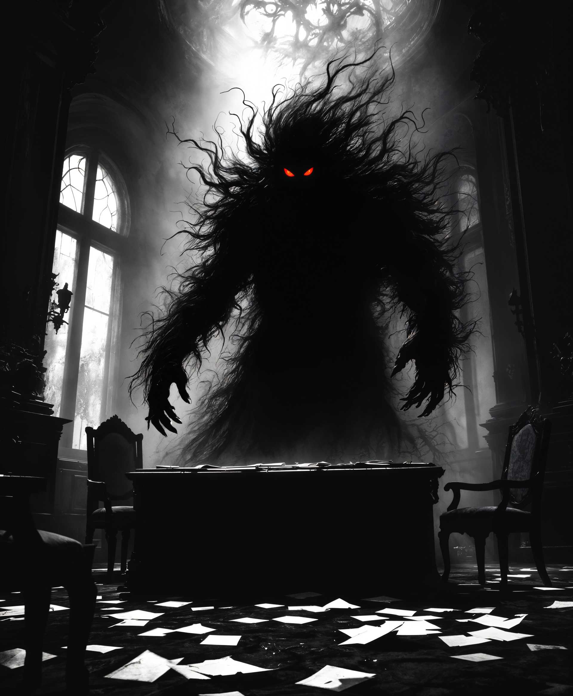 masterpiece, best quality, highres, sharp image, more detail, masterpiece, best quality, highres, sharp image, more detail, A chilling, monochromatic scene where **Shadow**, the sinister manifestation of a once-cruel, now deceased, wealthy man, emerges from the darkness. His form is an inky, swirling mass of shadows, with hints of a human silhouette, eyes glowing a menacing red. The style is reminiscent of German Expressionism, with high contrast, stark lighting casting long, distorted shadows, enhancing the eerie and foreboding atmosphere. The composition captures Shadow in a large, opulent room, with baroque architecture; he looms over a lavish desk, papers scattered as if by an unseen force. The camera angle is low, looking up, making Shadow appear larger and more menacing. The mood is one of dread, the air thick with an oppressive darkness, as if the very light of the room struggles against his presence. The image employs chiaroscuro to dramatic effect, with deep blacks and sharp highlights defining the contours of Shadow's ethereal form, creating a visual narrative of his malevolent freedom and the terror he instills.