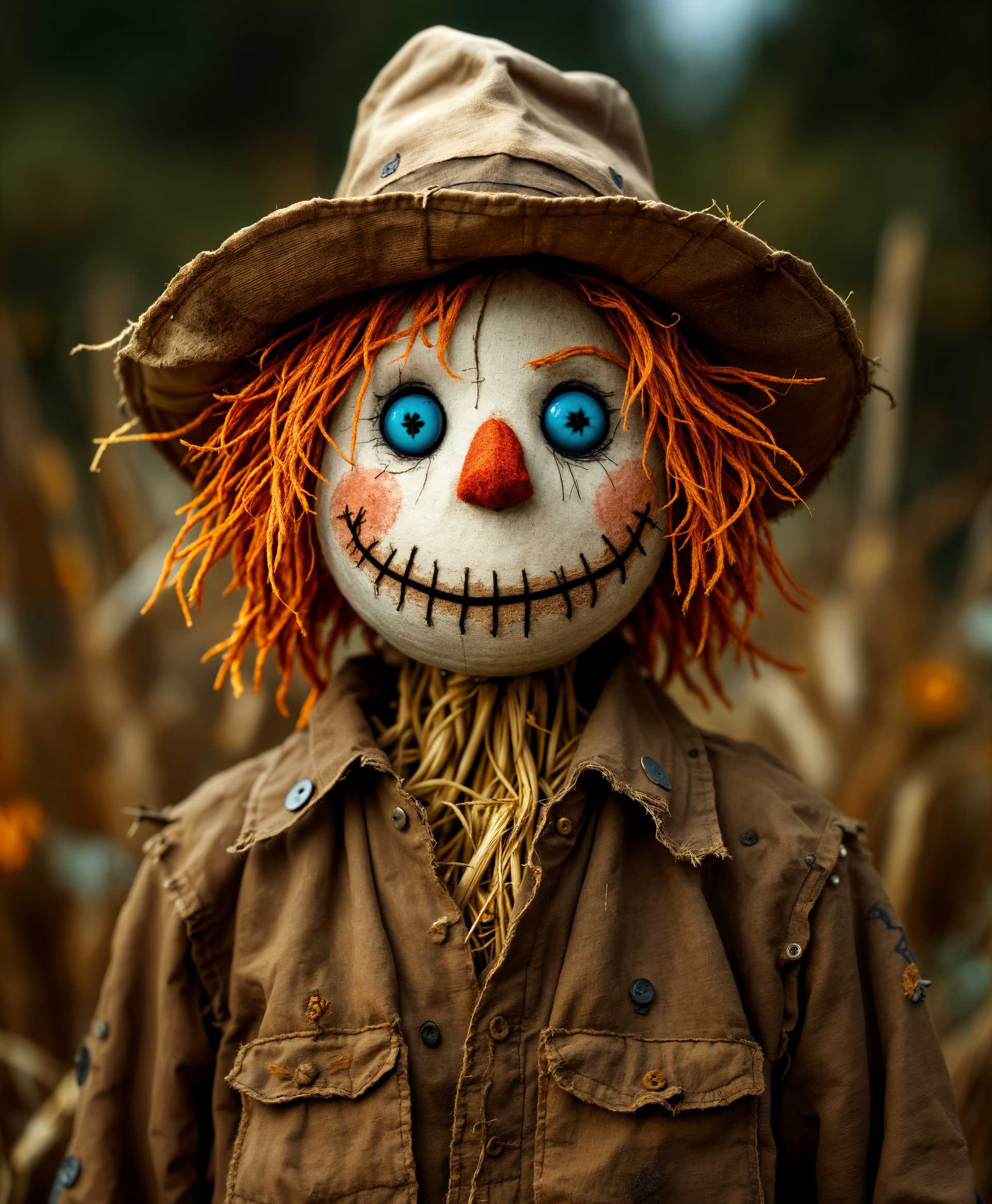 masterpiece, best quality, highres, sharp image, more detail, masterpiece, best quality, highres, sharp image, more detail, Create a photorealistic image of a **scarecrow** in a **folk art style**, capturing the essence of traditional scarecrow depictions:

- **Subject**: The scarecrow is constructed from **weathered, brown cloth**, stuffed with **golden straw** that peeks out in various places, giving a rustic texture.
- **Features**: His **orange hair** is made from strands of yarn or straw, resembling a disheveled wig. His **eyes** are **blue buttons**, round and slightly uneven, giving him a quirky character. His **mouth** is crudely stitched with dark thread, slightly askew, adding to his whimsical nature.
- **Attire**: He dons a **dirty, tattered brown shirt**, with visible patches and frayed edges. His **hat** is a wide-brimmed straw hat, slightly crumpled and faded, suggesting long exposure to the elements.
- **Composition**: Position the scarecrow in the center of the frame, standing in a **field of tall, golden wheat**, with the sun setting behind him casting long shadows. The camera should be at **eye level** with the scarecrow, giving a sense of intimacy and realism.
- **Mood and Atmosphere**: The scene should evoke a **nostalgic, rural charm** with the **soft, golden light of dusk**. The atmosphere is calm, with a gentle breeze swaying the wheat, creating a serene, pastoral setting.
- **Lighting**: Utilize **soft, directional lighting** to highlight the textures of the scarecrow's clothing and the straw, while the background fades into a **warm, diffused glow**.
- **Technical Aspects**: Use a **narrow depth of field** to focus on the scarecrow, with the background slightly blurred. Capture the image with a **50mm lens** for natural perspective, and ensure the image has a **high resolution** to showcase the intricate details of the scarecrow's construction.