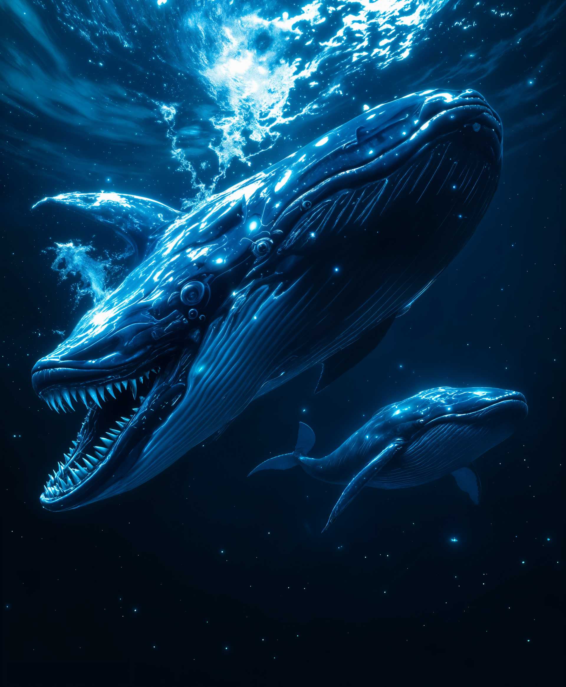 masterpiece, best quality, highres, sharp image, more detail, masterpiece, best quality, highres, sharp image, more detail, A high-resolution, detailed image of **Alien Spatial Whales**:

- **Visual Details**: These whales resemble Blue Whales but are characterized by a dark navy blue skin tone akin to Right and Humpback Whales. Their underbelly features light grey ventral lines, typical of baleen whales. However, they possess sharp, predatory teeth like those of Sperm Whales. Their mouth is disproportionately large, adding to their alien-like appearance. 

- **Style**: The image should reflect a **sci-fi surrealist** aesthetic, blending realistic textures with imaginative, otherworldly elements. The texture of the skin should show intricate details, with the dark blue surface reflecting light in a way that suggests depth and alien origin.

- **Composition**: The whales are positioned in a vast, cosmic ocean, their bodies filling much of the frame, suggesting their immense size. The camera angle captures them from below, emphasizing their massive mouths and sharp teeth, creating a sense of awe and slight intimidation.

- **Mood and Atmosphere**: The scene is set in a deep, star-filled space with a sense of quiet majesty. The lighting is soft, with an ethereal glow emanating from bioluminescent patches on the whales, casting a mysterious light on the surrounding space debris.

- **Technical Aspects**: Utilize **macro photography techniques** for the skin texture, **high dynamic range imaging (HDRI)** for the space lighting, and **depth of field** to focus on the whales while keeping the background slightly blurred to enhance the sense of depth in the cosmic environment.

- **Cohesion**: The combination of known whale anatomy with unexpected features like sharp teeth and an enormous mouth, set against the backdrop of space, creates a unified, believable scene that invites viewers into an alternate universe where such creatures could exist.