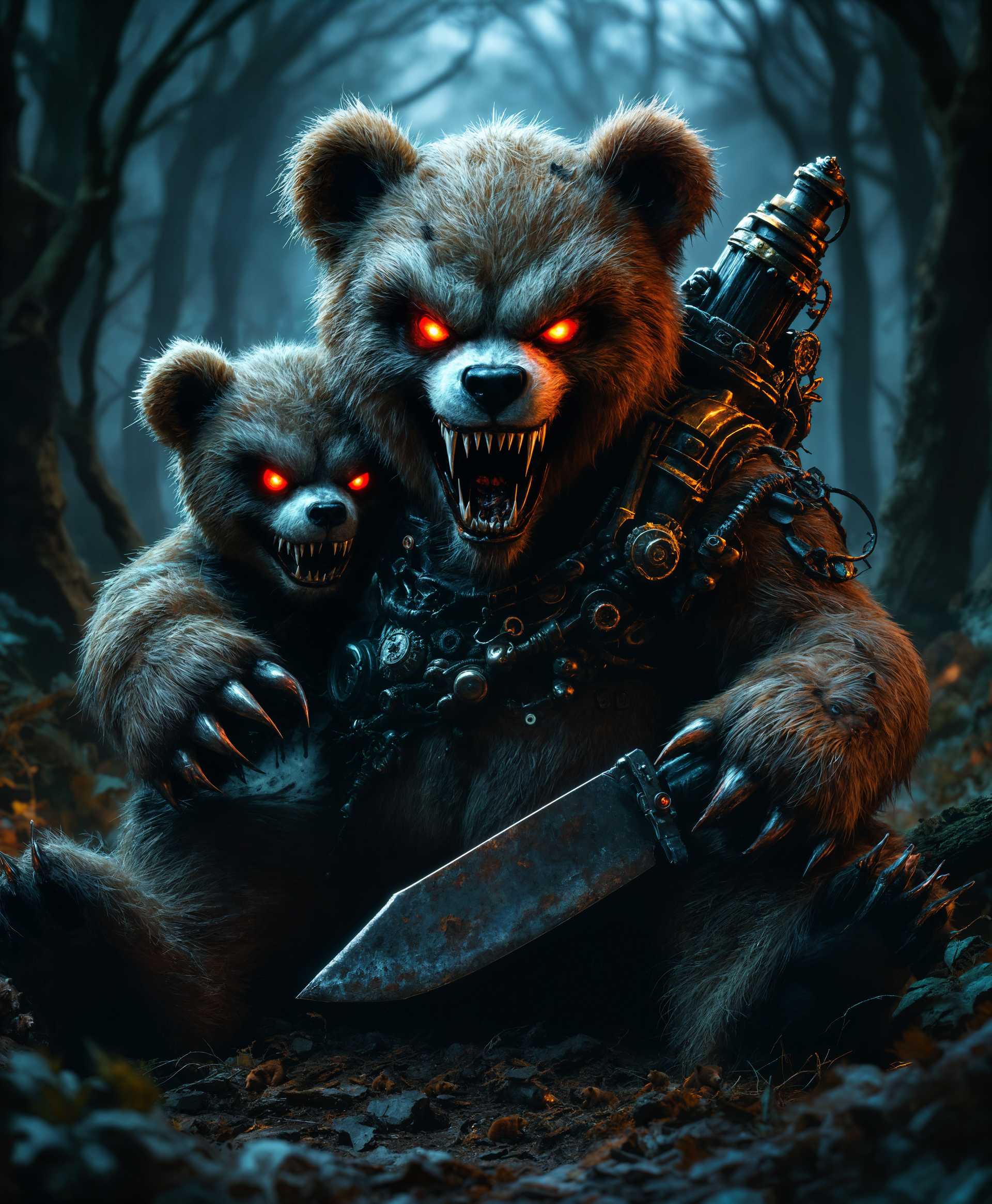 masterpiece, best quality, highres, sharp image, more detail, masterpiece, best quality, highres, sharp image, more detail, Create an image depicting **two menacing teddy bears** set in a **dark, ominous forest at twilight**. These are not your typical plush toys; they have **sinister, glowing red eyes** and **sharp, menacing teeth** exposed in a snarl. 

- **Visual Details:** Their fur is matted and patchy, revealing parts of their stuffing, which has a **metallic sheen**. One bear has an **intricate, steampunk-style cannon integrated into its back**, with gears and pipes visible, suggesting a recent, perhaps explosive use. The other bear clutches a **rusty, oversized knife**. Both have **claws that glint with a cold, metallic edge**.

- **Style:** The image should be rendered in a **gothic horror style**, reminiscent of dark fantasy art, with **high contrast lighting** to emphasize their fearsome features. 

- **Composition:** Position the bears slightly off-center, with the cannon-bearing bear in the foreground, partially facing the viewer, its cannon aimed menacingly. The second bear should be partially obscured by the first, enhancing the sense of lurking danger. The forest around them should be dense with **gnarled, twisted trees** casting long shadows, creating a claustrophobic frame.

- **Mood and Atmosphere:** The scene is set at **dusk**, with the last rays of light filtering through the trees, casting long, eerie shadows. A **misty fog** hovers at ground level, adding to the foreboding atmosphere. The **weather is overcast** with clouds that look like they could unleash a storm at any moment.

- **Technical Aspects:** Employ **chiaroscuro** to highlight the bears' malevolent features against the dark background. Use **depth of field** to keep the bears in sharp focus while the forest blurs into darkness. Apply **vignetting** to focus attention on the central figures and create a sense of entrapment.

- **Cohesion:** The overall scene should evoke a feeling of **unease and dread**, where these once innocent toys have been transformed into agents of terror, their presence in this dark forest seeming both natural and profoundly disturbing.
