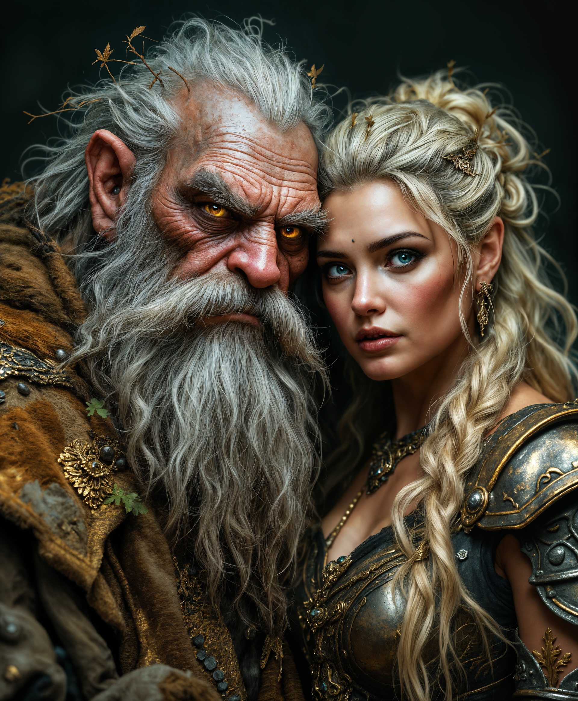 masterpiece, best quality, highres, sharp image, more detail, masterpiece, best quality, highres, sharp image, more detail, Capture an **intimate portrait** of an **old, troll-like king** and his **plump, Valkyrie wife**:

- **Subject Details:**
  - The King: His face is weathered, with deep lines, a crooked nose, and a scowl softened by the passage of time. His hair is matted, gray, and unkempt, with bits of leaves and twigs entangled. His eyes are a murky brown, hinting at wisdom and cunning. His skin is rough, with patches of moss-like texture, particularly around his ears and chin. He wears a tattered robe that was once royal but is now faded, with hints of gold embroidery still visible.
  - The Valkyrie: Her features are robust and strong, with a wide, expressive face, rosy cheeks, and bright blue eyes that sparkle with life. Her hair, blonde and wild, cascades down in thick, untamed locks. Her armor is of a bygone era, with intricate designs now worn but still gleaming in places. Her wings, though slightly drooping with age, are still majestic, with feathers that range from white to a soft golden hue.

- **Style and Composition:**
  - The image should be styled as if it were a **medieval tapestry** brought to life, with the texture of woven fabric visible in the background, but with realistic detail in the subjects. 
  - Use **chiaroscuro lighting** to highlight their faces, creating depth and drama, with the light source coming from above, as if from a window in an ancient hall.
  - Position them close together, the king slightly leaning on his wife for support, showcasing their bond and shared history. The camera angle should be slightly below eye level to give them a sense of grandeur.

- **Mood and Atmosphere:**
  - The scene should evoke a sense of **time-worn grandeur**, a love that has endured through the ages. The ambiance is cozy and warm, with the suggestion of a fire burning nearby, casting flickering shadows.
  - The time of day is dusk, with the last rays of sunlight filtering through, catching the glint of the Valkyrie's armor and the king's eyes.

- **Technical Aspects:**
  - Employ **selective focus** to draw attention to their faces, with the background slightly blurred to emphasize their connection.
  - Use a **shallow depth of field** to isolate them from the surroundings, creating an intimate, personal moment.
  - The image should be in **4:3 aspect ratio**, reminiscent of classic paintings, to