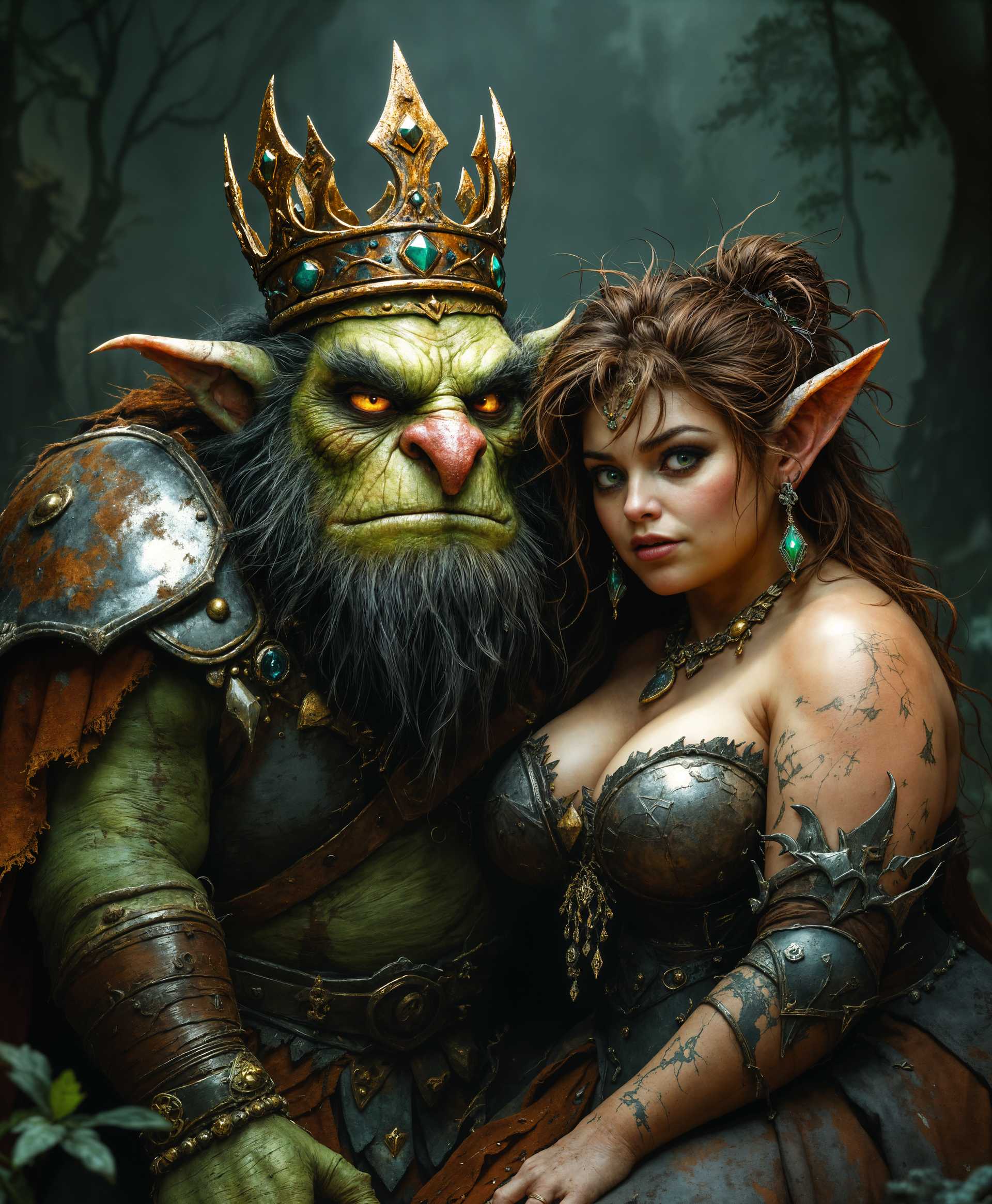 masterpiece, best quality, highres, sharp image, more detail, masterpiece, best quality, highres, sharp image, more detail, Create an image of a **troll king**, portrayed as a **short, green creature** with **gnarled, rough skin** and **unkempt hair**. His **ugly features** are exaggerated with **large, warty nose, protruding ears**, and **mischievous, beady eyes**. He wears a **crown that looks slightly too large for his head**, made of **rusty metal adorned with dull jewels**. 

Next to him, depict his **valkyrie wife**, who is **chubby, with a round face** and **plump arms**. Her **hair is wild, frizzy, and unkempt**, with **strands sticking out in all directions**. Her **face is broad with a double chin**, and **her eyes are small and close-set**. She wears a **battle dress that looks like it's seen better days**, **torn and stained**, with **armor plates that are mismatched and dented**. 

**The scene is set in a gloomy, foggy forest** at **dusk**, with **moody lighting casting long shadows** and **highlighting the grotesque features** of the characters. The **composition** should have the troll king slightly in front, with his wife positioned behind, her hand on his shoulder in a possessive manner. The **camera angle** should be **slightly low, looking up to emphasize their dominance**.

The **artistic style** is reminiscent of **folk horror**, with **dark, earthy tones** and **textures that mimic medieval tapestries**. Use **chiaroscuro lighting** to enhance the **mood of foreboding and mystery**. The overall atmosphere should be **humorous yet eerie**, with **overcast skies and a hint of mist** in the background.