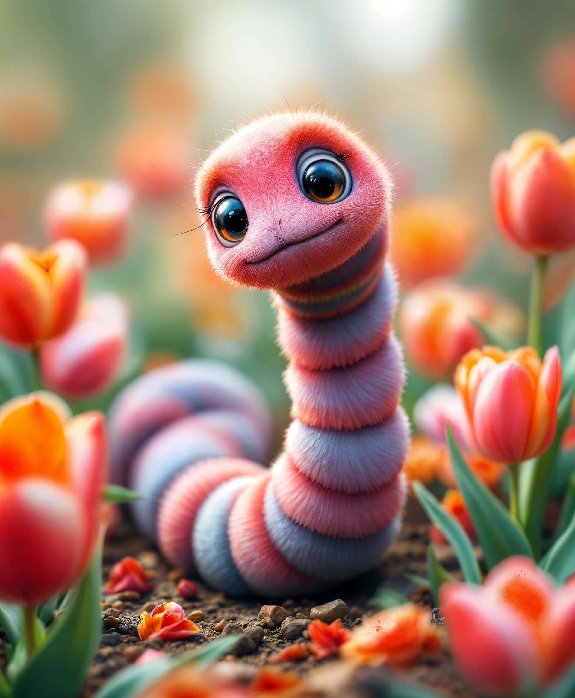 masterpiece, best quality, highres, sharp image, more detail, masterpiece, best quality, highres, sharp image, more detail, Capture an endearing image of "The Tulip Worm," affectionately known as "Wormy." Wormy should be portrayed with a **large, soft, velvety body** in shades of **vibrant tulip colors** - reds, pinks, and purples, with a **slight iridescence** to mimic the lustrous petals of a tulip. His **small, beady eyes** should sparkle with curiosity, reflecting a **soft, natural light**. 

**Artistic Style:** Illustrate in a **whimsical, storybook style**, reminiscent of children's literature illustrations from the mid-20th century, with a touch of **Gouache painting** for texture and color depth.

**Composition:** Place Wormy centrally in the frame, with his body curving gently in an 'S' shape, suggesting movement and playfulness. The background should be **blurred** to emphasize Wormy, perhaps with **soft, out-of-focus tulip petals** in the foreground and background, creating a **bokeh effect** to add depth and focus.

**Mood and Atmosphere:** Set the scene during **golden hour**, with the sun casting **long, warm shadows** and creating a **dreamy, serene atmosphere**. The lighting should be **soft and diffused**, giving the image a **storybook charm** and enhancing the whimsical nature of Wormy.

**Technical Aspects:** Use **soft focus** for the edges of Wormy to give him a **gentle, fuzzy appearance**. Employ **selective focus** to ensure Wormy is the clear focal point, with the surrounding elements becoming less defined. 

This image should evoke a sense of **whimsy, playfulness, and the gentle magic** of a world where creatures like Wormy exist.