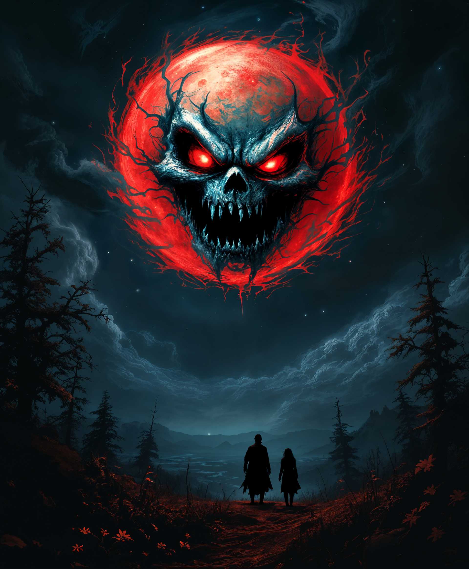 masterpiece, best quality, highres, sharp image, more detail, masterpiece, best quality, highres, sharp image, more detail, A **sinister harvest moon** hangs low in the sky, its **face twisted into an evil grimace**, casting an eerie, **blood-red glow** across the landscape. The moon appears **alive**, its eyes **gleaming with malice** as it **flies through the night sky**, surrounded by **wisps of dark, swirling clouds**. The scene is **rendered in a gothic art style**, reminiscent of **Edvard Munch's The Scream**, with **deep, ominous shadows** and **sharp, unnatural contrasts**. The **camera is positioned at a low angle**, looking up to emphasize the **overwhelming presence** of the moon, creating a sense of **foreboding and dread**. The **composition focuses on the moon**, with **blurred, shadowy figures** in the foreground, suggesting a **haunted landscape**. The **mood is one of unease**, with **an otherworldly, chilling atmosphere** under a **starless, oppressive night sky**.