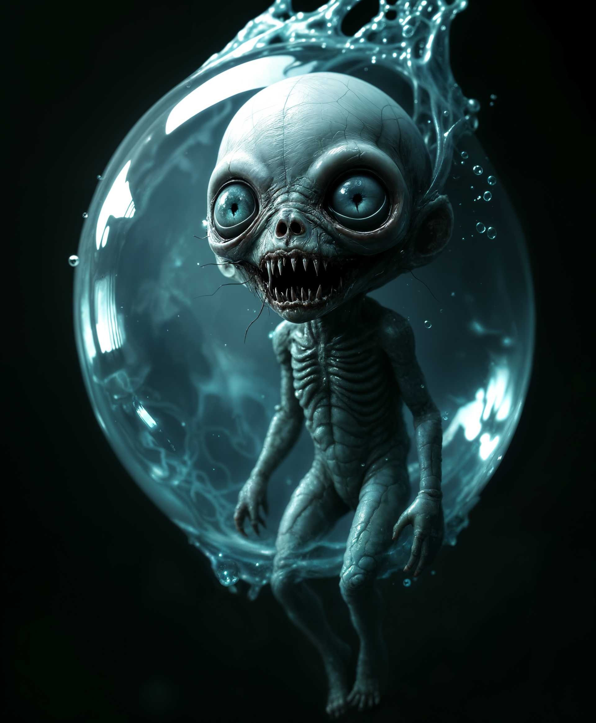 masterpiece, best quality, highres, sharp image, more detail, masterpiece, best quality, highres, sharp image, more detail, Create a surreal, high-contrast image featuring a **large, grotesque, fetus-like creature** with **a disproportionately massive head** and **a tiny, vestigial body**. The creature is **latched to the wall** within **a fluid-filled bubble**, resembling an amniotic sac:

- **Visual Details**: The creature's skin should be **translucent, showing intricate veins and blood vessels** beneath. Its eyes are **large, bulbous, and slightly luminescent** with an unsettling, predatory gaze. The bubble should refract light, creating **ripples and distortions** on the creature's form.

- **Style**: Utilize a **hyper-realistic approach** with elements of **body horror**, inspired by the works of H.R. Giger or Zdzisław Beksiński, focusing on **texture and anatomical detail**.

- **Composition**: Position the creature **centrally within the frame**, with its head dominating the upper half of the image. Use **a low angle shot** to emphasize its imposing presence, with the camera slightly tilted to enhance the sense of unease.

- **Mood and Atmosphere**: The scene should evoke **dread and fascination**. The lighting is **dim and moody**, with a **subtle greenish hue** to suggest an otherworldly or clinical environment. The bubble should have **tiny air bubbles rising** to indicate life or movement within this stagnant space.

- **Technical Aspects**: Employ **shallow depth of field** to keep the creature in sharp focus while the background, possibly a dark, cavernous space or lab, remains slightly blurred. Use **macrophotography techniques** to capture the minute details of the creature's skin texture and the fluid dynamics within the bubble.

- **Cohesion**: The scene should convey a **biomechanical**, **alien**, and **terrifying** atmosphere, where the grotesque creature seems both out of place and disturbingly natural within its confined, fluid-filled environment.