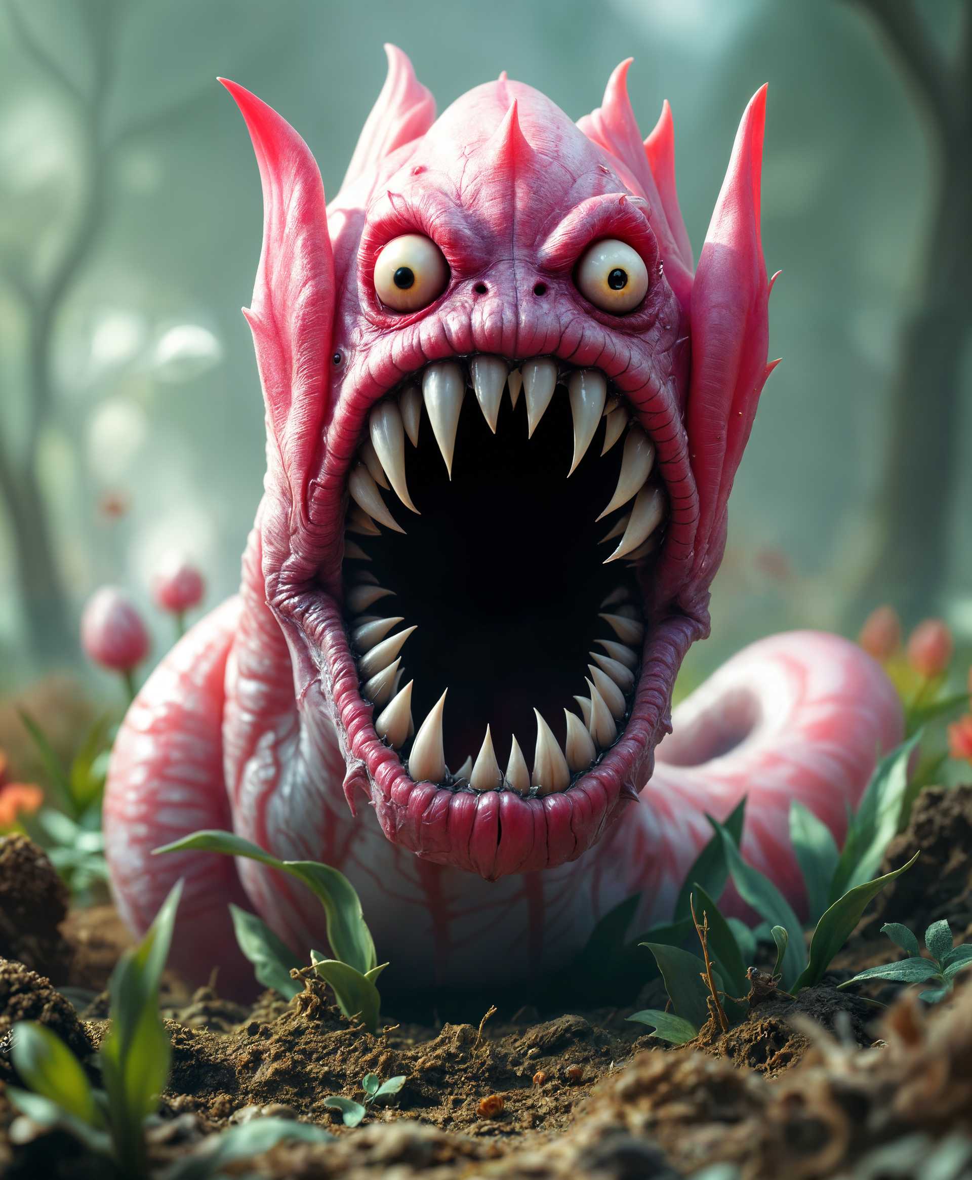 masterpiece, best quality, highres, sharp image, more detail, masterpiece, best quality, highres, sharp image, more detail, ```plaintext
A giant tulip worm, its body elongated and sinuous, resembling a vibrant pink tulip in form, but with an unsettling twist. Its **huge, gaping mouth** dominates the center of its body, lined with rows of sharp, glistening teeth, designed to instill fear. The **small, beady eyes** are set just above the mouth, giving it an almost comical yet eerie appearance. The texture of the worm should mimic the velvety feel of a tulip petal, transitioning from a soft pink to a darker, more menacing shade as it nears the mouth.

**Style:** Surrealistic art with elements of biological horror, reminiscent of H.R. Giger's biomechanical creatures, but with a touch of whimsy.

**Composition:** The worm should be positioned as if it's emerging from the ground, its head tilted slightly upwards, creating a dynamic diagonal line in the frame. The camera angle is low, looking up at the creature, enhancing its intimidating size.

**Mood and Atmosphere:** The scene is set at twilight, with the last rays of sunlight casting long shadows and highlighting the worm's grotesque features. The atmosphere is tense, with an eerie stillness, as if nature itself is holding its breath in the presence of this unnatural being.

**Technical Aspects:** Utilize dramatic chiaroscuro lighting to emphasize the contrast between the worm's soft body and its menacing mouth. Employ a shallow depth of field to blur the background, focusing all attention on the worm. The image should be rendered in high resolution to capture the intricate details of the worm's texture and the fine points of its teeth.
```
