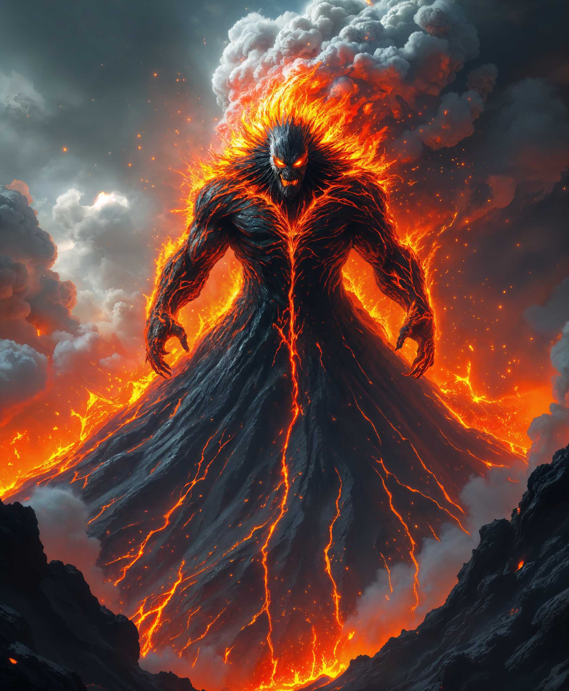 masterpiece, best quality, highres, sharp image, more detail, masterpiece, best quality, highres, sharp image, more detail, A terrifying volcano god emerging from an erupting volcano, his body enveloped in fiery lava flows, with intense red and orange flames flickering across his form. His expression is fierce, with eyes glowing like molten magma, set against a backdrop of billowing volcanic ash clouds. The scene captures the moment of his ascent, with the volcano's crater rim visible, framing the god against the sky. The lighting is dramatic, with the volcano's glow illuminating the scene, casting long shadows and highlighting the god's menacing features. The style is reminiscent of epic fantasy artwork, with exaggerated, powerful forms and a sense of overwhelming scale, creating an atmosphere of awe, fear, and primal energy. Use high contrast, dynamic angles, and a wide-angle lens effect to emphasize the god's monumental presence and the explosive eruption.