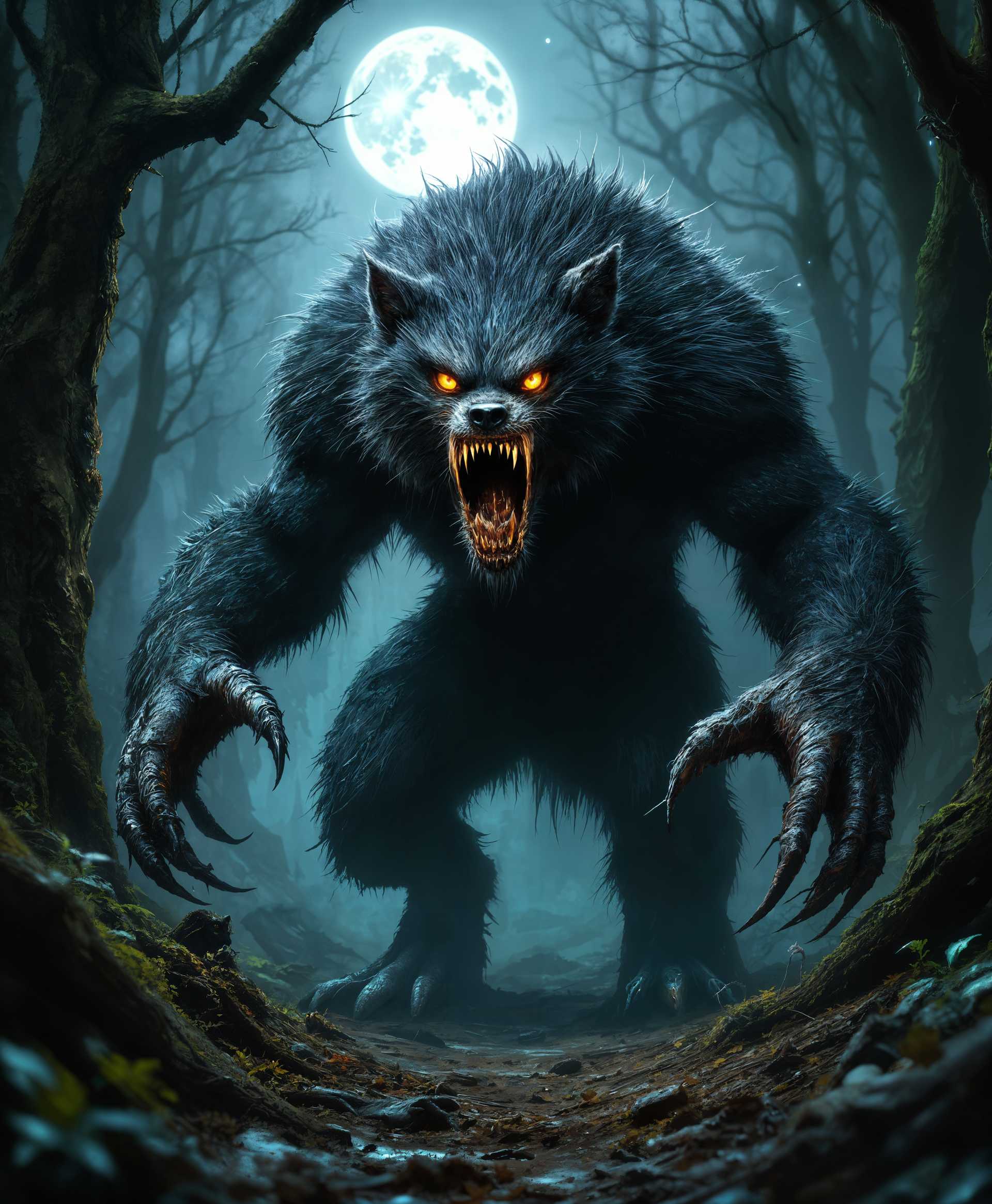 masterpiece, best quality, highres, sharp image, more detail, masterpiece, best quality, highres, sharp image, more detail, A **Weremole Monster** emerges from the shadows of an ancient forest, its transformation in full swing under the eerie light of a full moon. 

**Visual Details:**
- **Fur**: The creature's fur is a mix of dark brown and black, with patches of silvery fur reflecting the moonlight. The texture is coarse and matted with soil.
- **Eyes**: Glowing amber eyes pierce through the darkness, filled with a mix of confusion and rage.
- **Claws**: Long, curved claws, sharp and dirty, protrude from its oversized paws, ready to dig and claw through anything in its path.
- **Body**: Muscular and robust, with a hunched posture typical of moles, but with the size and ferocity of a wolf.

**Style:**
- Inspired by the dark, gritty realism of Dave Rapoza's digital art, combined with the eerie, mythical creature designs of Brom.

**Composition:**
- **Subject Positioning**: The weremole is depicted in mid-transformation, one paw still digging into the earth, the other reaching out towards the viewer, capturing its moment of transition.
- **Camera Angle**: A low angle shot looking up, emphasizing the creature's imposing size and making it appear even more menacing.
- **Framing**: Tightly framed to focus on the weremole, with blurred forest undergrowth at the edges to enhance the sense of depth and mystery.

**Mood and Atmosphere:**
- The scene is set at night, with the moon casting long, ominous shadows. The air is thick with fog, and the ground is littered with fallen leaves and roots, creating a claustrophobic environment that mirrors the creature's inner turmoil.

**Technical Aspects:**
- Utilize a high contrast lighting technique to highlight the creature's features against the dark backdrop, with a shallow depth of field to keep the focus on the weremole.
- Employ dynamic tension in the composition to convey the beast's struggle between its mole nature and the emerging wolf instincts.

**Cohesion:**
- All elements combine to tell the story of a mythical creature caught between two worlds, with the eerie, otherworldly forest acting as both a literal and metaphorical backdrop to its transformation.