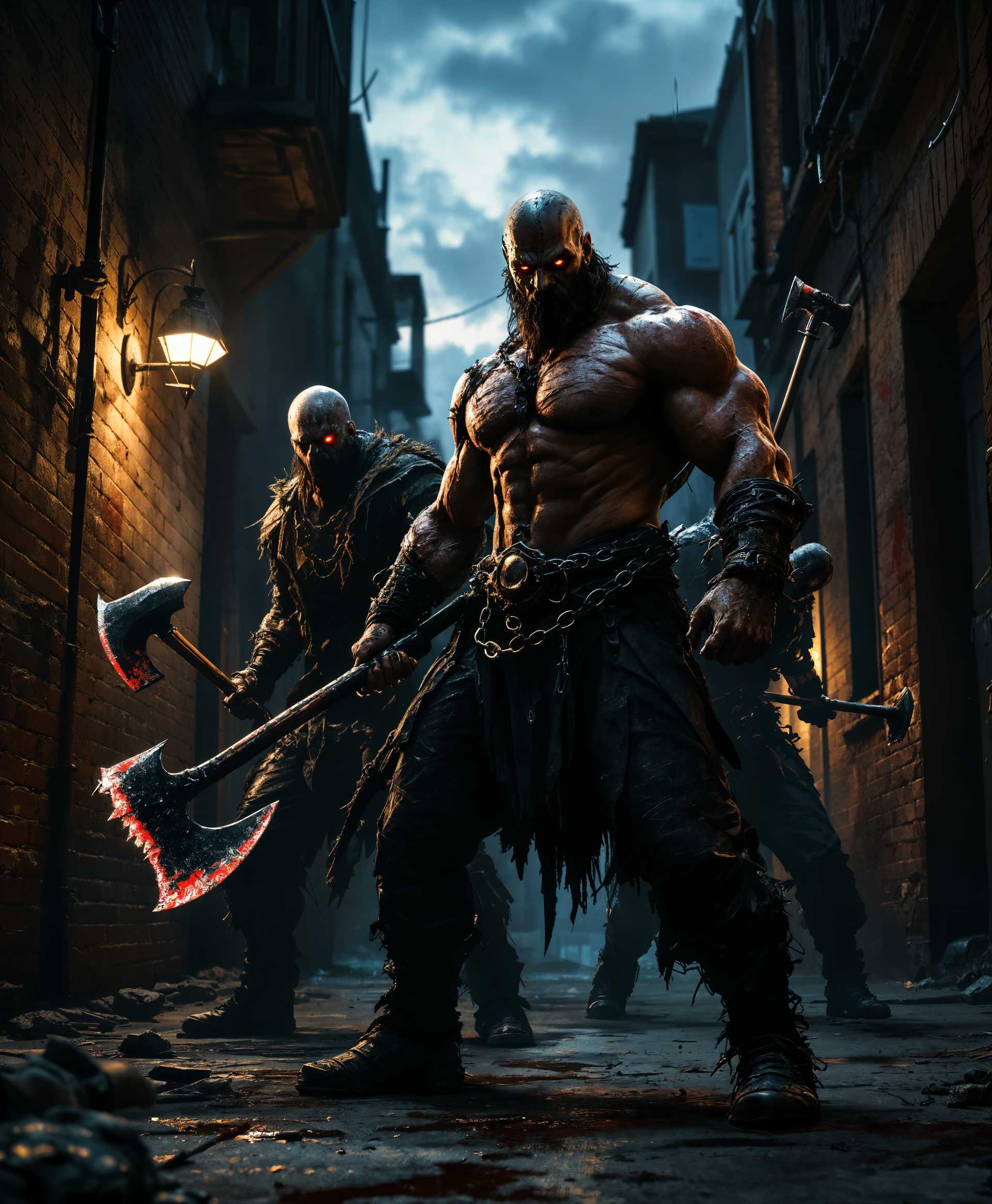 masterpiece, best quality, highres, sharp image, more detail, masterpiece, best quality, highres, sharp image, more detail, In a dimly lit alleyway at twilight, four menacing vandals, each with distinct weapons, stand poised for confrontation:

- **Axe Vandal**: A rugged, muscular figure wielding an axe with a gleaming, serrated edge. His eyes are fierce, reflecting the dim streetlights, and his posture exudes a silent threat. The axe's handle is worn from use, and its blade catches the last rays of the setting sun, casting ominous shadows.

- **Double-Headed Axe Vandal**: Clad in tattered, dark clothing, this vandal holds a double-headed axe. The weapon's twin blades glint evilly, one side stained with dried blood, the other pristine, reflecting the eerie calm before the storm. His stance is wide, ready for a sudden, brutal strike.

- **Flail Vandal**: With a flail in hand, this vandal looks erratic, his movements unpredictable. The flail's chain is heavy, each link clanking softly as he swings it back and forth. His eyes are wild, and his clothing is more ragged, suggesting a life of constant movement and chaos.

- **Sword Vandal**: The most poised of the group, this vandal wields a sword with an ancient, ornate hilt, its blade sleek and deadly. His stance is disciplined, almost noble, contrasting sharply with the others. The sword's reflection in his eyes shows a calm, calculated readiness.

**Composition**: The vandals are arranged in a semi-circle, each slightly offset from the other, creating a dynamic, threatening tableau. The alley's graffiti-covered walls provide a backdrop that enhances their menacing presence. The camera angle is slightly low, emphasizing their dominance and the intimidation factor.

**Mood and Atmosphere**: The scene is tense, charged with the promise of violence. The air is thick with the scent of rain that hasn't yet fallen, and the only sounds are the distant hum of the city and the vandals' heavy breathing. The atmosphere is gritty, with a sense of impending doom.

**Technical Aspects**: The image should utilize chiaroscuro lighting to highlight the vandals' menacing features and their weapons, creating high contrast between light and dark areas. Depth of field should focus on the vandals, with the background slightly blurred to emphasize their presence. The scene should be rendered with a slight grain to mimic the texture of film noir or urban realism photography.