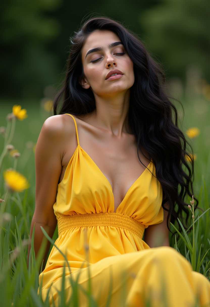 a very pretty young woman,30 years old,long black wavy hair,sitting in the grass in a garden,wearing a yellow sun dress,flat chested,laying asleep in the grass 