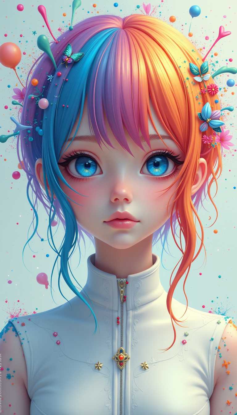 In this stunning 4K digital art piece, an ethereal woman with no hair is captured in a close-up shot, her large, mesmerizing blue eyes sparkling with life. Her white outfit is adorned with artistic, colorful accents that complement her vibrant, paint-like hair. The abstract background showcases a kaleidoscope of splashes, with colors mirroring the hues of her hair. The intricate details and high level of detail create an otherworldly atmosphere.

