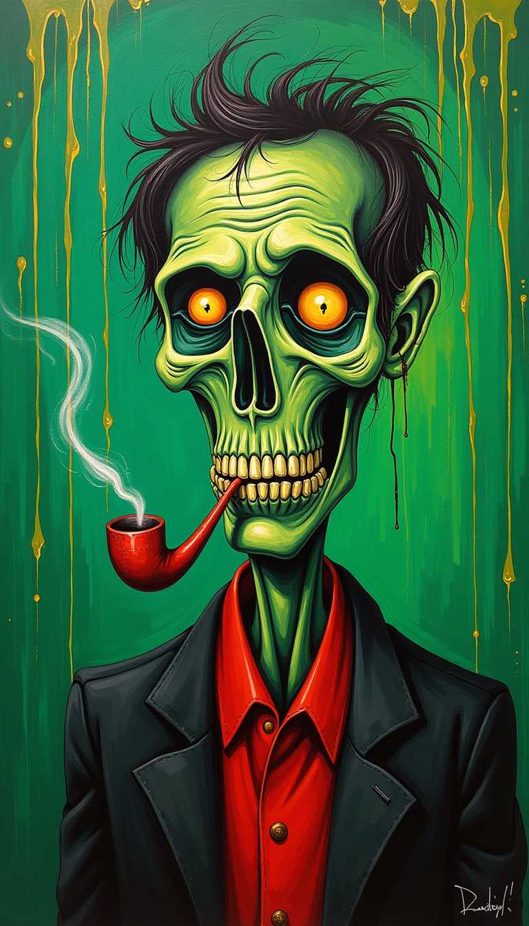 A (GHOUL Faced Beatnik with real big DEAD face),((smoking a pipe)), big open nose, GREEN SLIME rain background only. painted in a blend of Jean-Michel Basquiat and Picasso art styles
