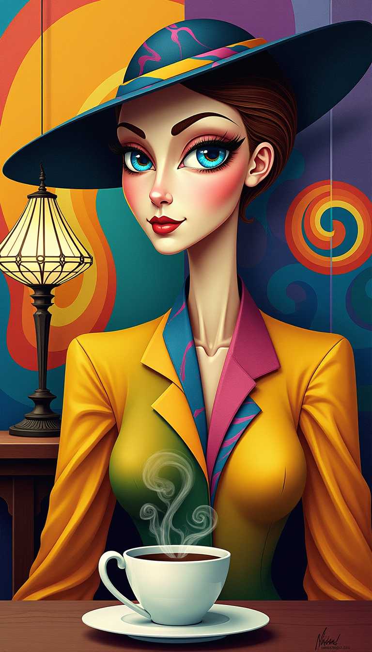 This image is a vibrant and surreal artwork that blends elements of cubism and surrealism. Here’s a detailed analysis:

1. Central Figure:
 - The central figure is a stylized woman with exaggerated features. Her face is elongated and angular, with a prominent, pointed chin and high cheekbones.
 - Her eyes are striking, with one being significantly larger and more detailed than the other, featuring a vivid blue iris and a yellow pupil.
 - The woman's expression is enigmatic, with a slight smile that adds to the overall mysterious aura.

2. Attire and Accessories:
 - She is wearing a hat that blends into her hair, creating a seamless transition. The hat is adorned with swirling patterns and bold colors, adding to the surreal aesthetic.
 - Her clothing is colorful and abstract, with a mix of bright yellows, blues, and purples. The garments have a flowing, almost liquid quality, enhancing the dreamlike atmosphere.

3. Setting and Background:
 - The background is a kaleidoscope of colors and patterns, with geometric shapes and swirling designs that create a sense of depth and movement.
 - There is a table in front of the woman, on which sits a steaming cup of coffee. The table and cup are rendered in a more realistic style, providing a contrast to the surreal elements of the figure and background.
 - Behind the woman, there is a tall, ornate lamp with a stained-glass shade, adding an element of elegance and sophistication to the scene.

4. Color Palette:
 - The color palette is rich and vibrant, with a mix of warm and cool tones. The use of bright yellows, oranges, and reds creates a sense of energy and dynamism, while the cool blues and purples add a calming balance.
 - The interplay of colors and patterns creates a visually striking and engaging composition.

5. Artistic Style:
 - The style is reminiscent of both cubism and surrealism. The fragmented and abstracted forms of the figure and background recall the works of cubist artists like Pablo Picasso, while the dreamlike and fantastical elements are characteristic