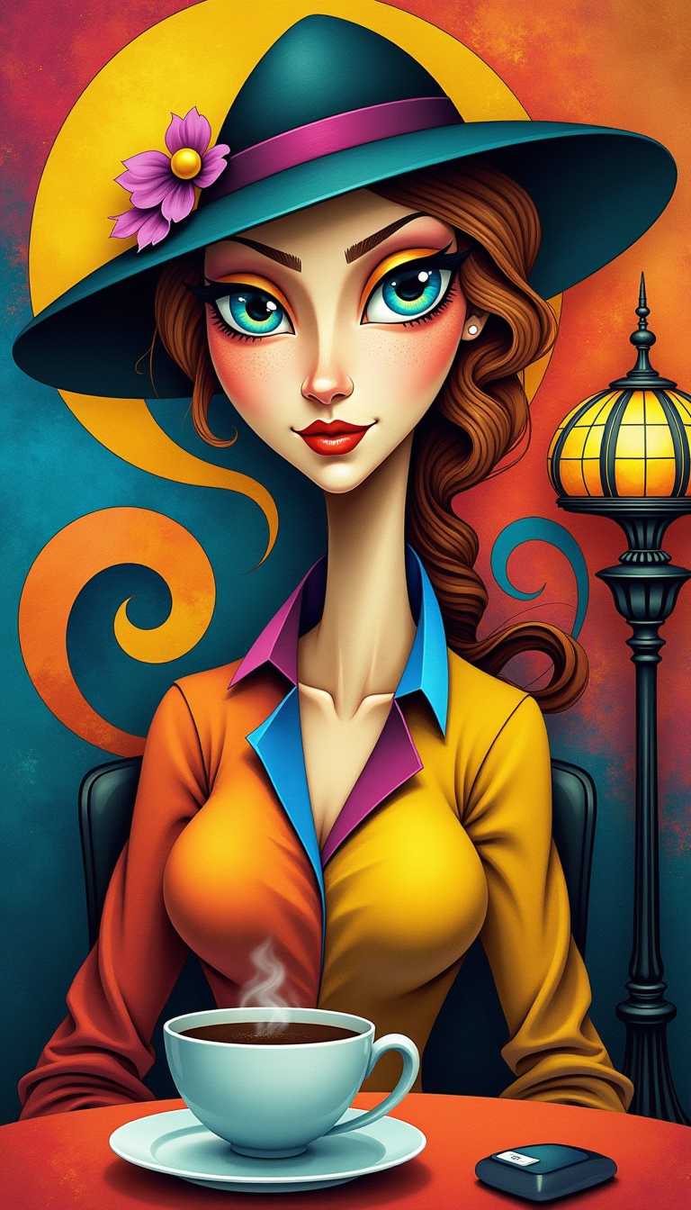 This image is a vibrant and surreal artwork that blends elements of cubism and surrealism. Here’s a detailed analysis:

1. Central Figure:
 - The central figure is a stylized woman with exaggerated features. Her face is elongated and angular, with a prominent, pointed chin and high cheekbones.
 - Her eyes are striking, with one being significantly larger and more detailed than the other, featuring a vivid blue iris and a yellow pupil.
 - The woman's expression is enigmatic, with a slight smile that adds to the overall mysterious aura.

2. Attire and Accessories:
 - She is wearing a hat that blends into her hair, creating a seamless transition. The hat is adorned with swirling patterns and bold colors, adding to the surreal aesthetic.
 - Her clothing is colorful and abstract, with a mix of bright yellows, blues, and purples. The garments have a flowing, almost liquid quality, enhancing the dreamlike atmosphere.

3. Setting and Background:
 - The background is a kaleidoscope of colors and patterns, with geometric shapes and swirling designs that create a sense of depth and movement.
 - There is a table in front of the woman, on which sits a steaming cup of coffee. The table and cup are rendered in a more realistic style, providing a contrast to the surreal elements of the figure and background.
 - Behind the woman, there is a tall, ornate lamp with a stained-glass shade, adding an element of elegance and sophistication to the scene.

4. Color Palette:
 - The color palette is rich and vibrant, with a mix of warm and cool tones. The use of bright yellows, oranges, and reds creates a sense of energy and dynamism, while the cool blues and purples add a calming balance.
 - The interplay of colors and patterns creates a visually striking and engaging composition.

5. Artistic Style:
 - The style is reminiscent of both cubism and surrealism. The fragmented and abstracted forms of the figure and background recall the works of cubist artists like Pablo Picasso, while the dreamlike and fantastical elements are characteristic