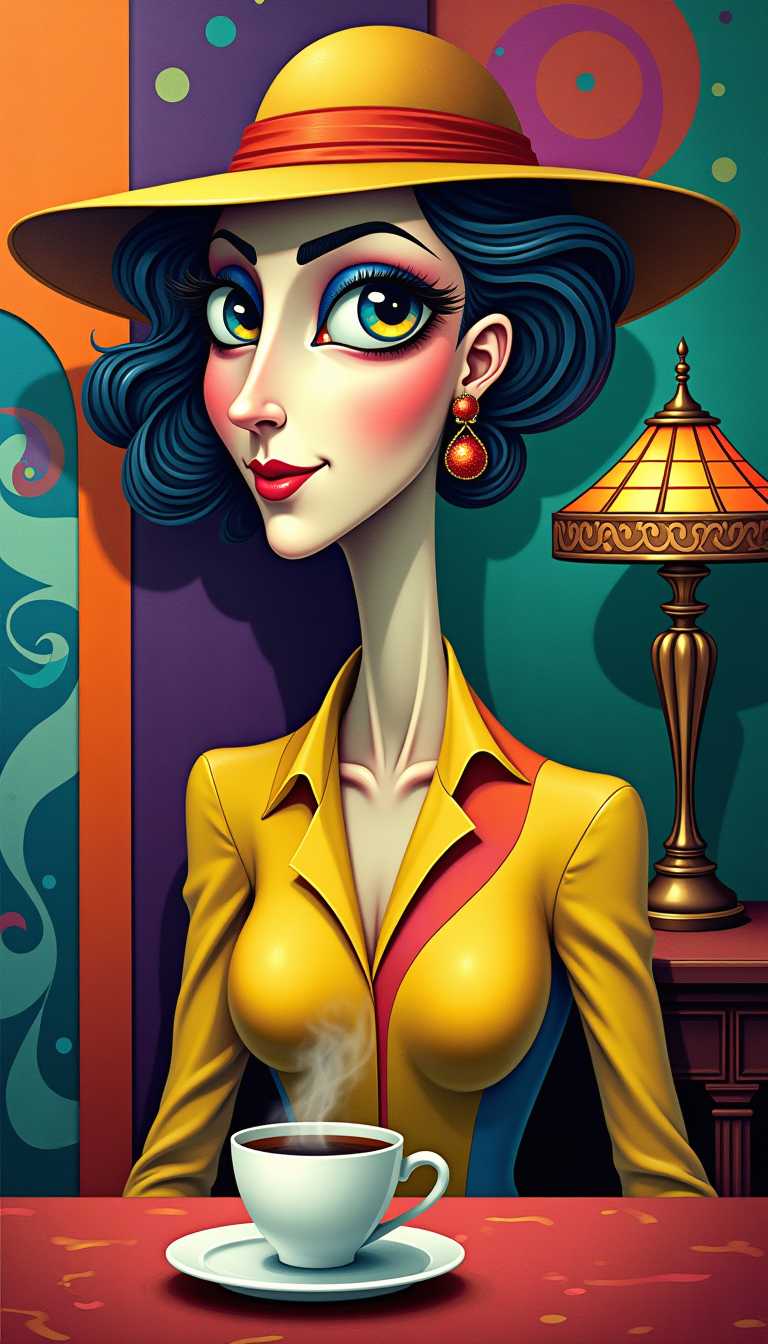 This image is a vibrant and surreal artwork that blends elements of cubism and surrealism. Here’s a detailed analysis:

1. Central Figure:
 - The central figure is a stylized woman with exaggerated features. Her face is elongated and angular, with a prominent, pointed chin and high cheekbones.
 - Her eyes are striking, with one being significantly larger and more detailed than the other, featuring a vivid blue iris and a yellow pupil.
 - The woman's expression is enigmatic, with a slight smile that adds to the overall mysterious aura.

2. Attire and Accessories:
 - She is wearing a hat that blends into her hair, creating a seamless transition. The hat is adorned with swirling patterns and bold colors, adding to the surreal aesthetic.
 - Her clothing is colorful and abstract, with a mix of bright yellows, blues, and purples. The garments have a flowing, almost liquid quality, enhancing the dreamlike atmosphere.

3. Setting and Background:
 - The background is a kaleidoscope of colors and patterns, with geometric shapes and swirling designs that create a sense of depth and movement.
 - There is a table in front of the woman, on which sits a steaming cup of coffee. The table and cup are rendered in a more realistic style, providing a contrast to the surreal elements of the figure and background.
 - Behind the woman, there is a tall, ornate lamp with a stained-glass shade, adding an element of elegance and sophistication to the scene.

4. Color Palette:
 - The color palette is rich and vibrant, with a mix of warm and cool tones. The use of bright yellows, oranges, and reds creates a sense of energy and dynamism, while the cool blues and purples add a calming balance.
 - The interplay of colors and patterns creates a visually striking and engaging composition.

5. Artistic Style:
 - The style is reminiscent of both cubism and surrealism. The fragmented and abstracted forms of the figure and background recall the works of cubist artists like Pablo Picasso, while the dreamlike and fantastical elements are characteristic