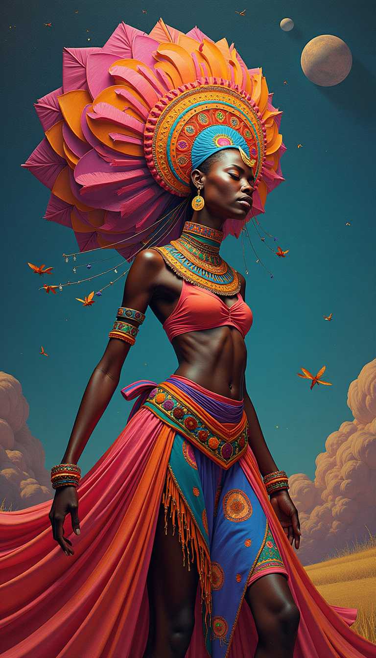 Highly Detailed surrealistic conceptual painting of a african Zaouli dancer dream visions, rendered in visionary art and psychedelic, the artwork is a perfectly blend of 3d render fractals with abstract super flat forms, dynamic range colors, The wide-angle shot create a visually captivating Masterpiece. Sharp edges, precise shapes, saturated colors, dynamic outlines.
