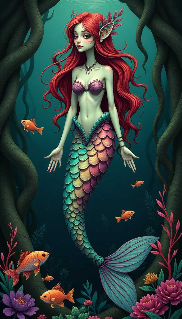 A conceptual illustration by Tim Burton of a unique, colorful  mermaid with a gothic style. The mermaid has a fish tail and a human upper body.  The mermaid's body is adorned with vibrant, colorful scales. Her long, wavy hair is a blend of various hues. She is surrounded by various fish and underwater flora. The background is dark and murky, with twisted, gnarled tree roots.