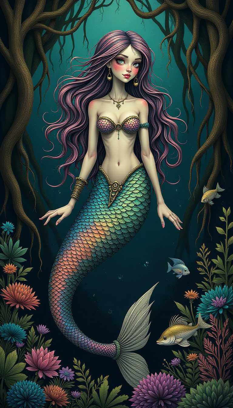 A conceptual illustration by Tim Burton of a unique, colorful  mermaid with a gothic style. The mermaid has a fish tail and a human upper body.  The mermaid's body is adorned with vibrant, colorful scales. Her long, wavy hair is a blend of various hues. She is surrounded by various fish and underwater flora. The background is dark and murky, with twisted, gnarled tree roots.